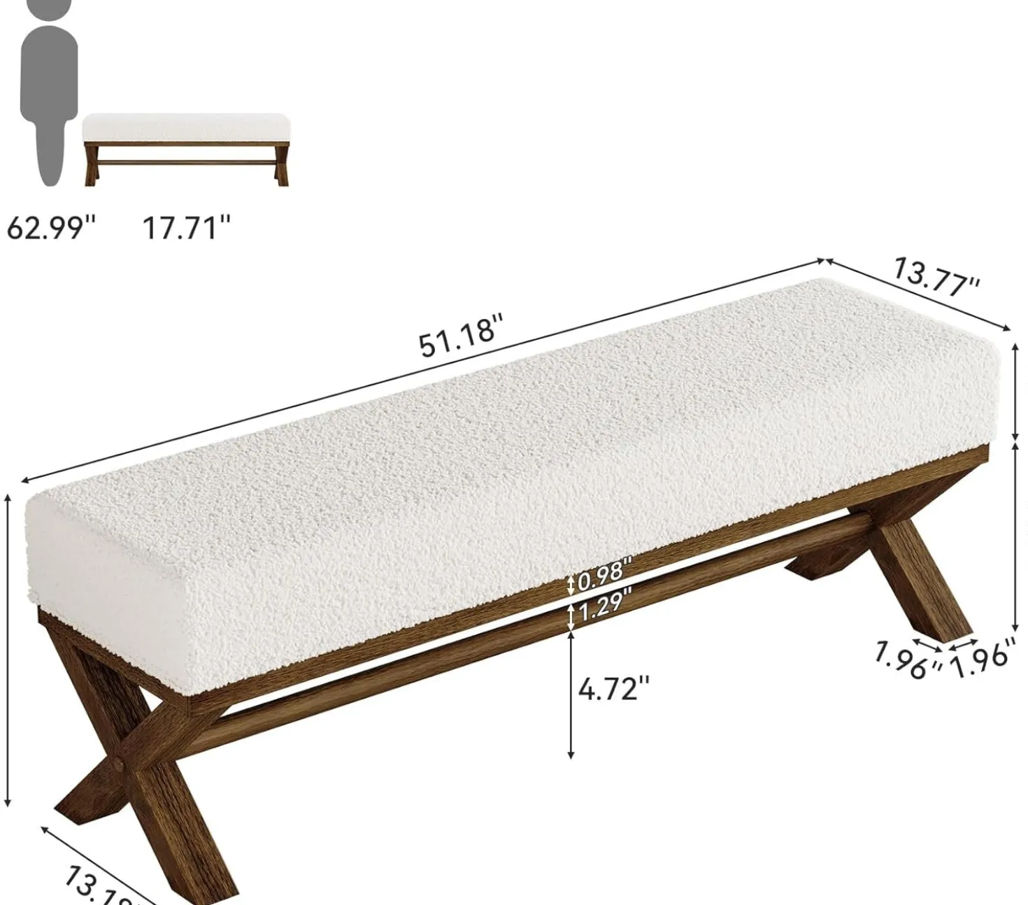 51" Upholstered Entryway Bench, Modern Solid Wood End of Bed Bench with Faux Shearling Padded Seat