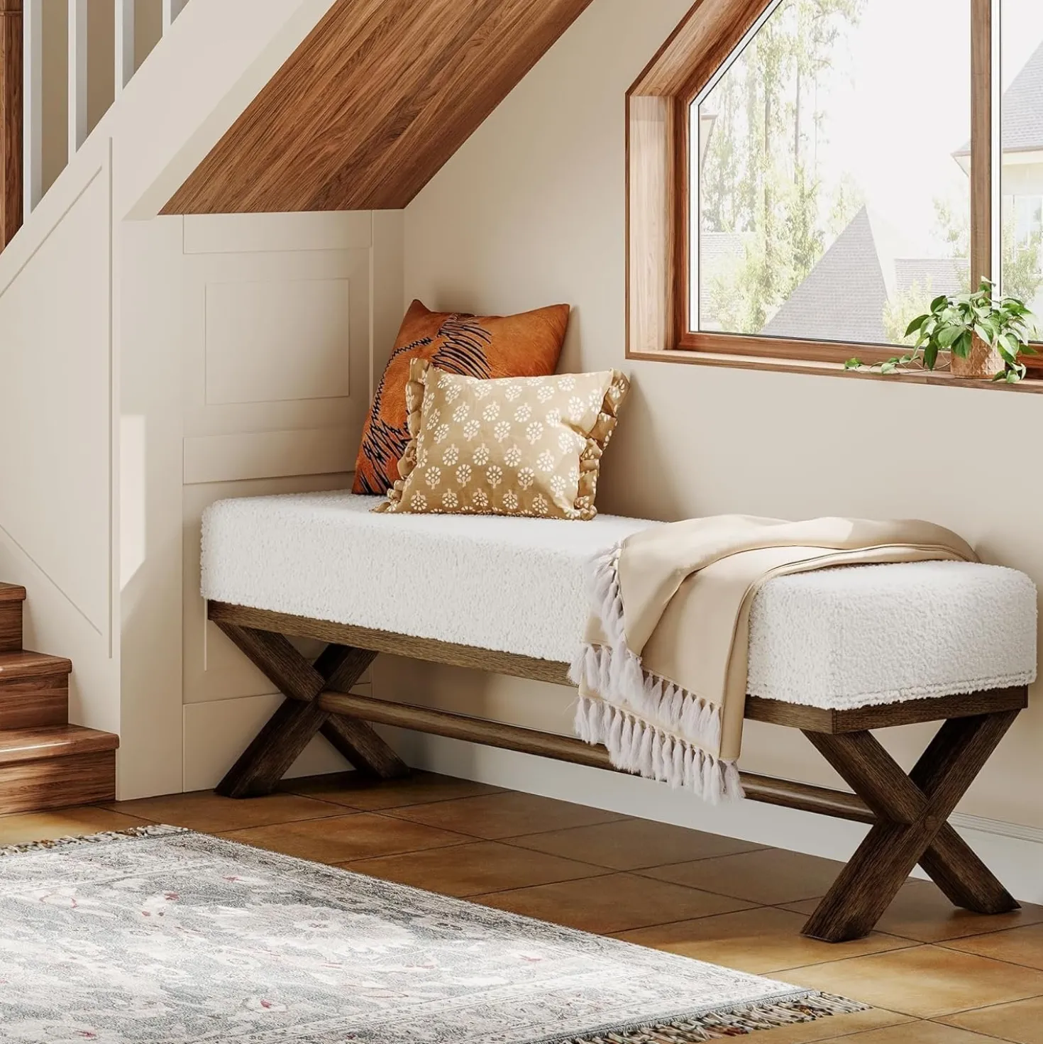 51" Upholstered Entryway Bench, Modern Solid Wood End of Bed Bench with Faux Shearling Padded Seat