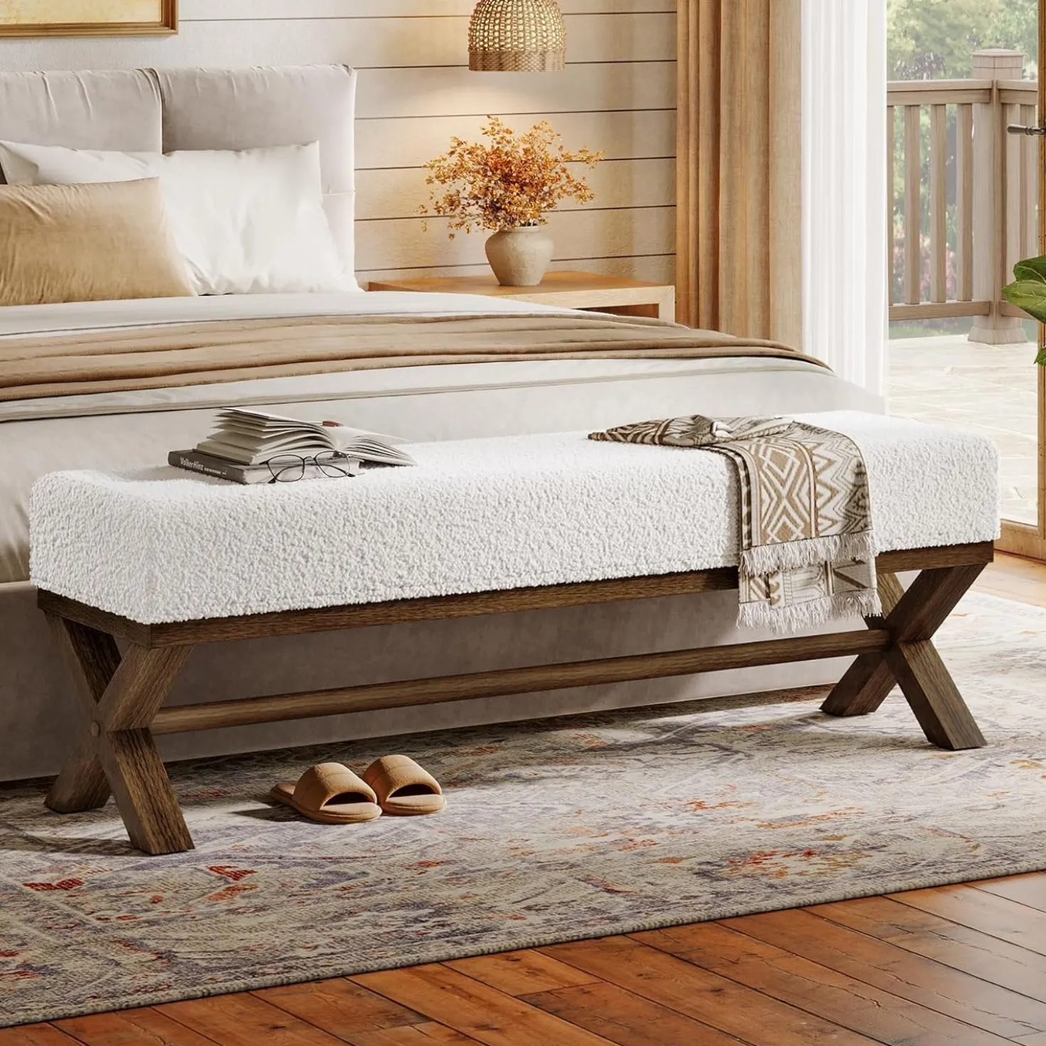 51" Upholstered Entryway Bench, Modern Solid Wood End of Bed Bench with Faux Shearling Padded Seat