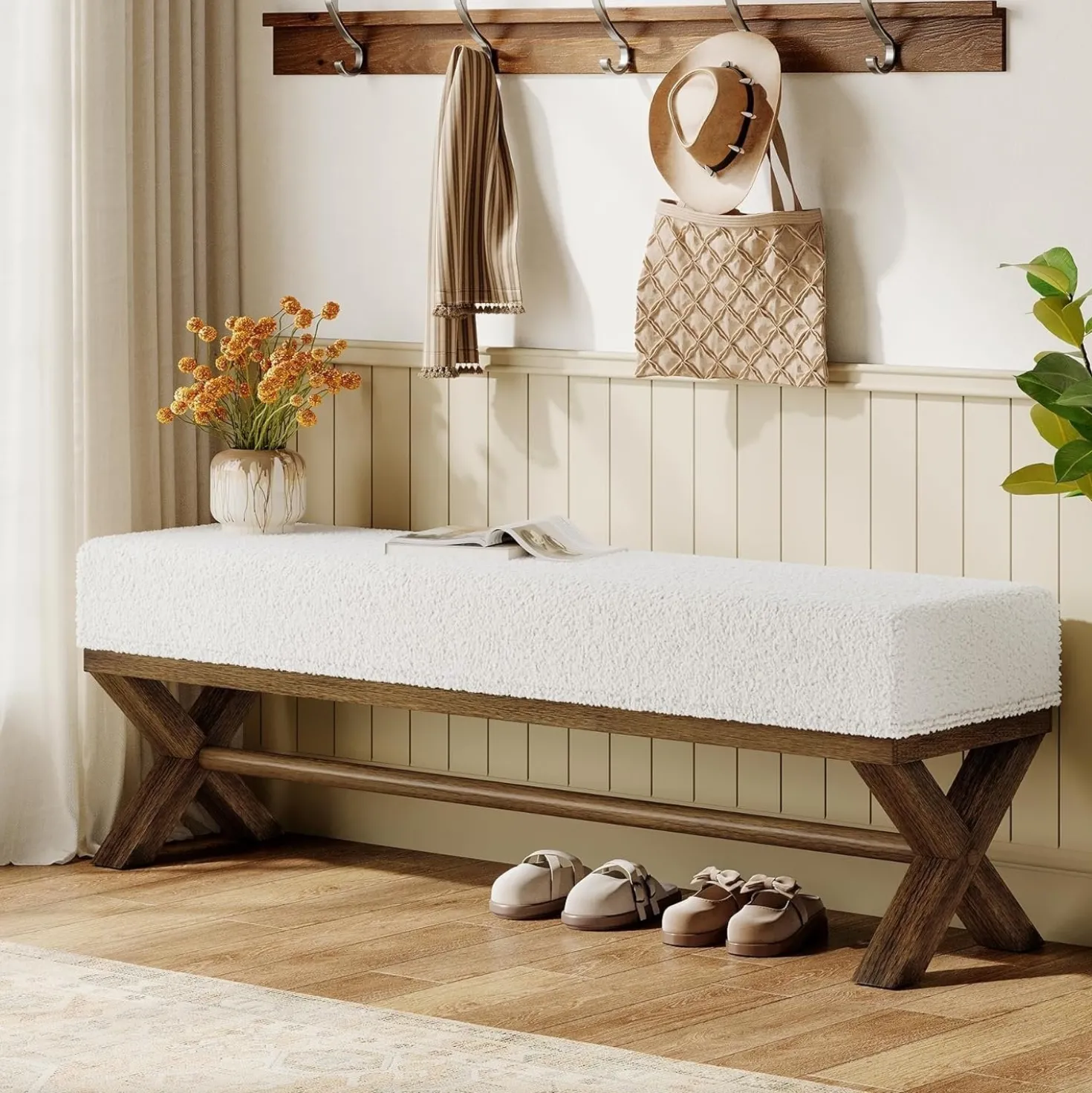 51" Upholstered Entryway Bench, Modern Solid Wood End of Bed Bench with Faux Shearling Padded Seat