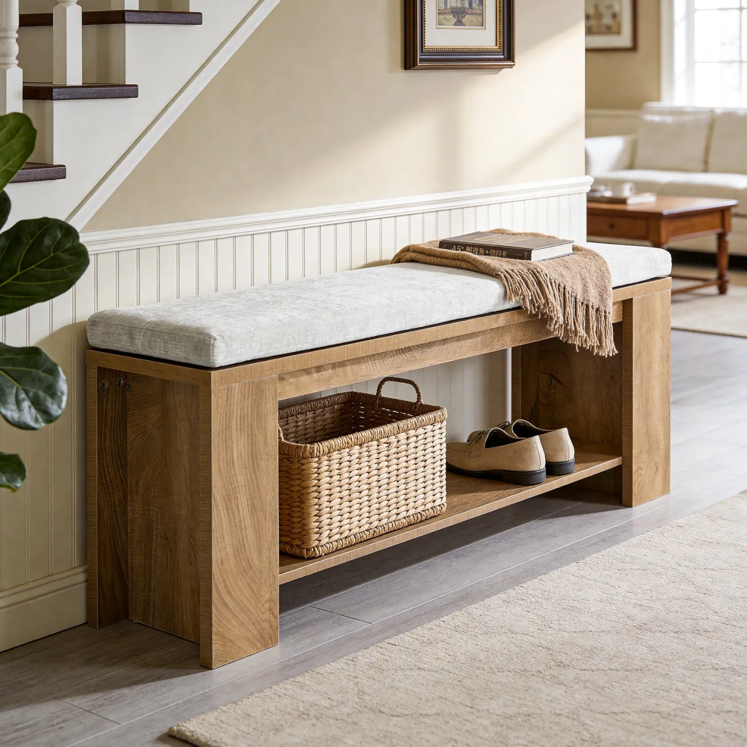 47" Upholstered Entryway Bench, Indoor End of Bed Bench with Padded Seat