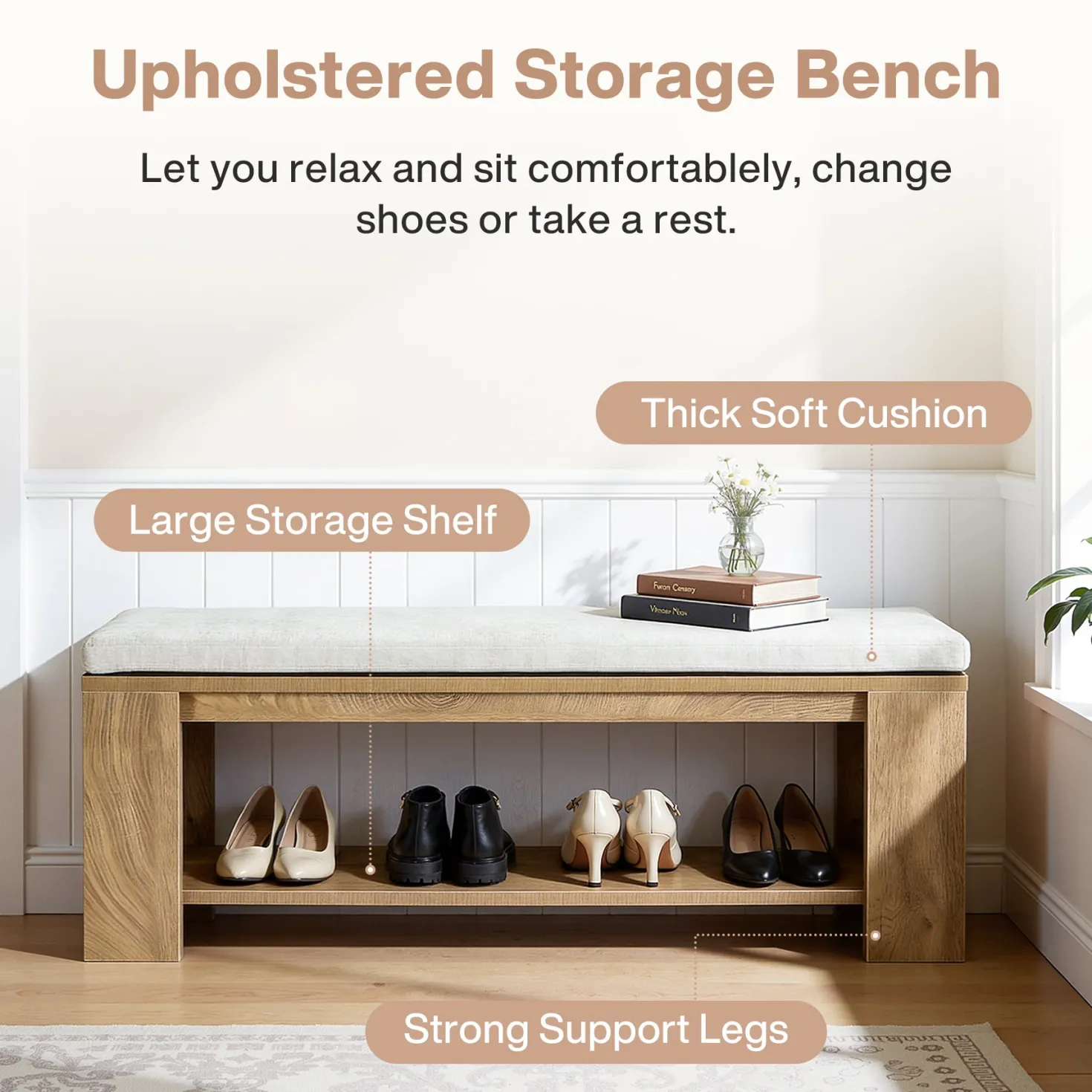 47" Upholstered Entryway Bench, Indoor End of Bed Bench with Padded Seat