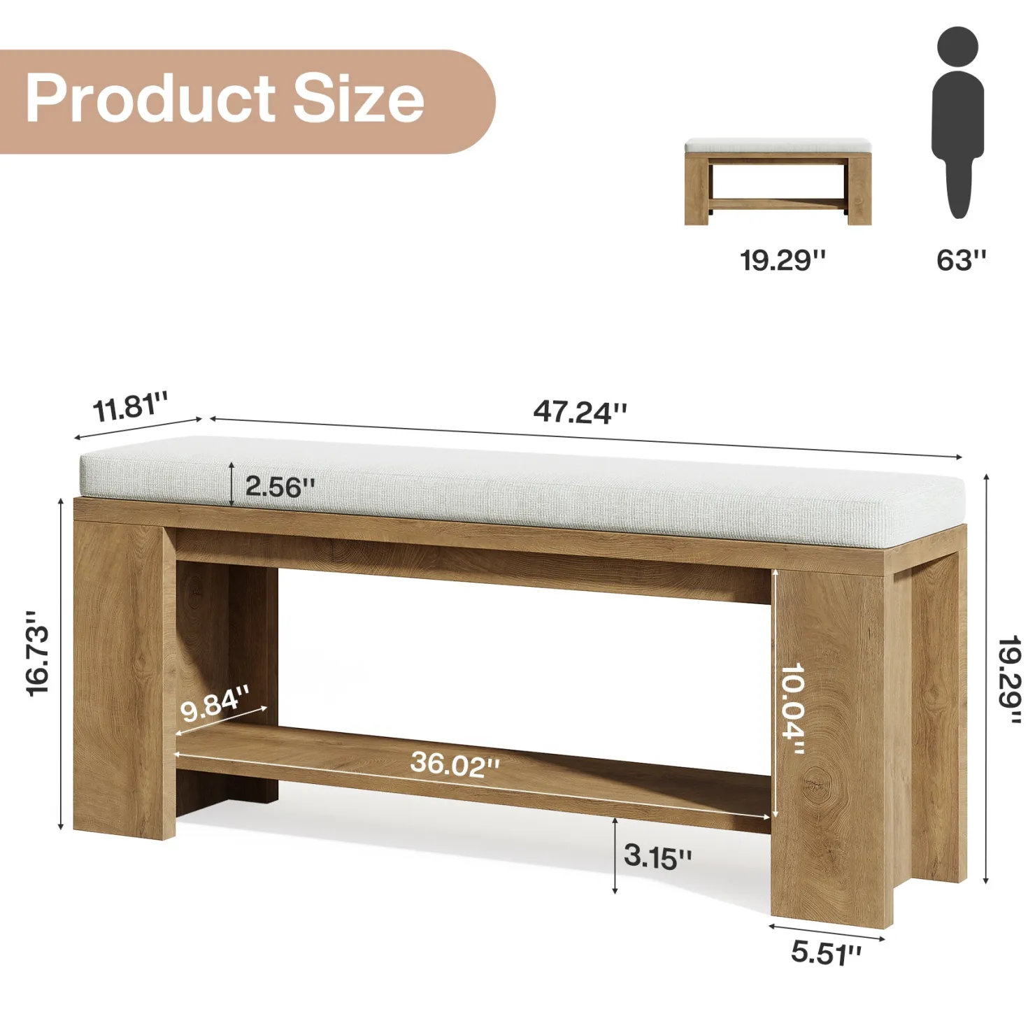 47" Upholstered Entryway Bench, Indoor End of Bed Bench with Padded Seat