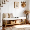 55" Upholstered Entryway Bench, 2-Tier Shoe Bench with Solid Wood Frame