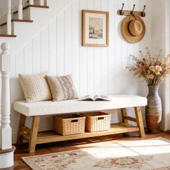 55" Upholstered Entryway Bench, 2-Tier Shoe Bench with Solid Wood Frame