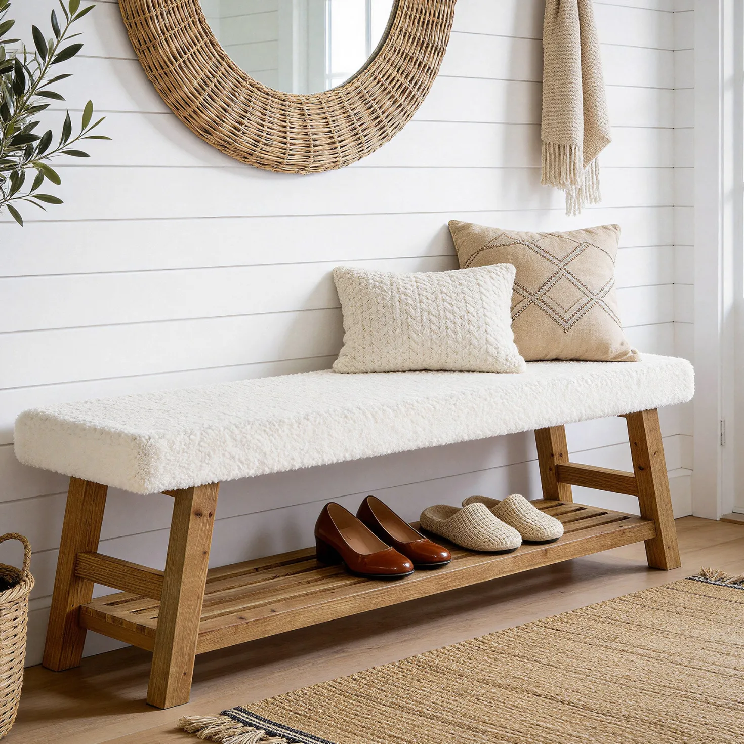 55" Upholstered Entryway Bench, 2-Tier Shoe Bench with Solid Wood Frame