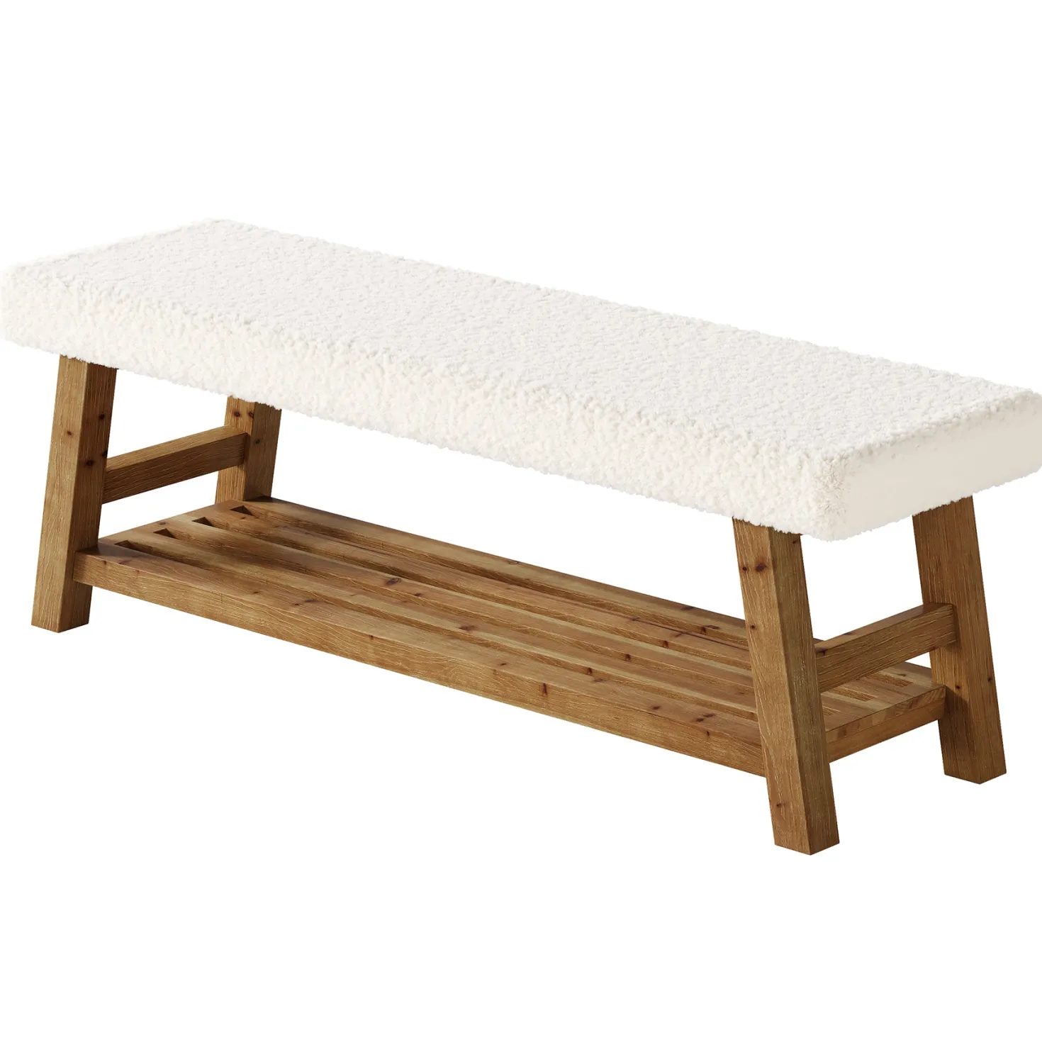 55" Upholstered Entryway Bench, 2-Tier Shoe Bench with Solid Wood Frame