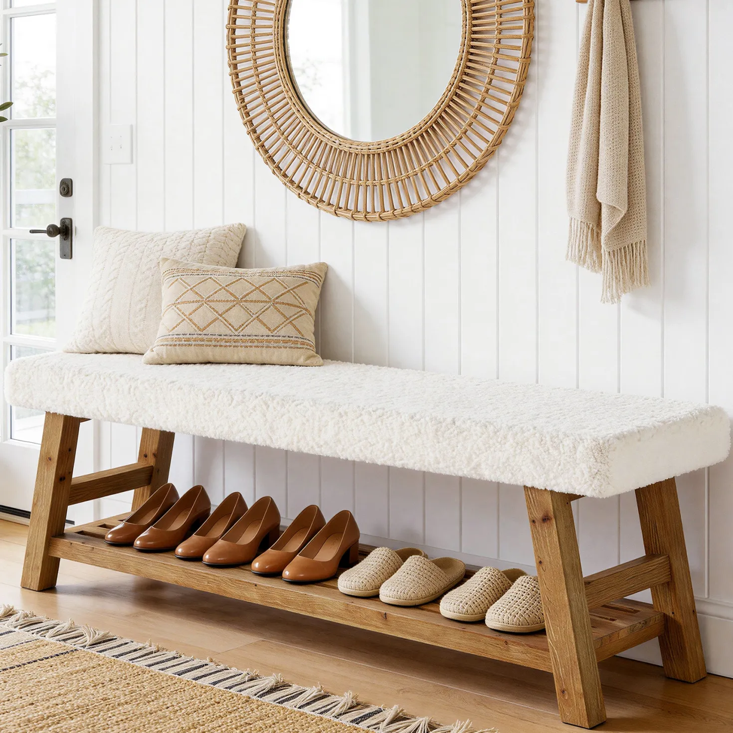 55" Upholstered Entryway Bench, 2-Tier Shoe Bench with Solid Wood Frame