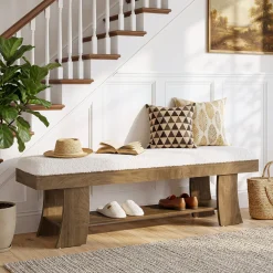 59" Upholstered Entryway Bench, Cushioned Shoe Bench Seat with Storage Shelf