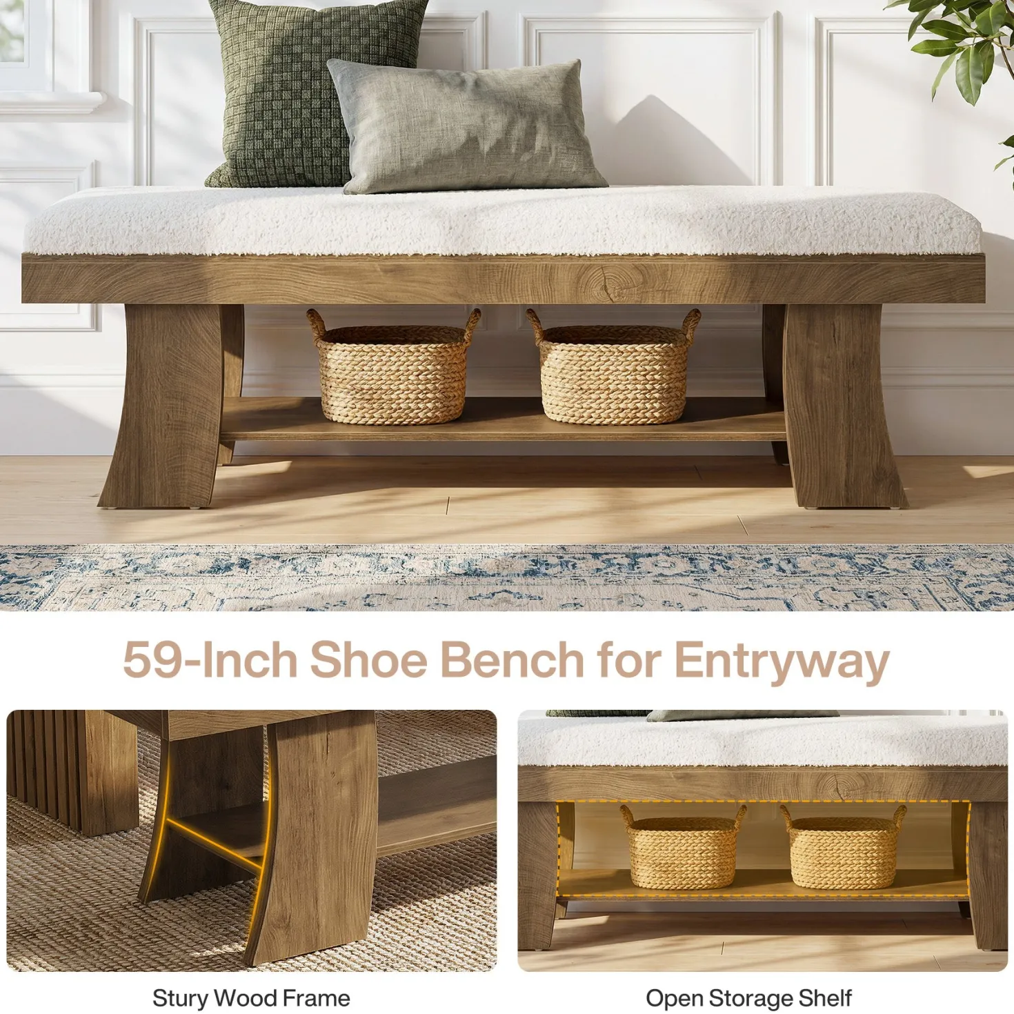 59" Upholstered Entryway Bench, Cushioned Shoe Bench Seat with Storage Shelf