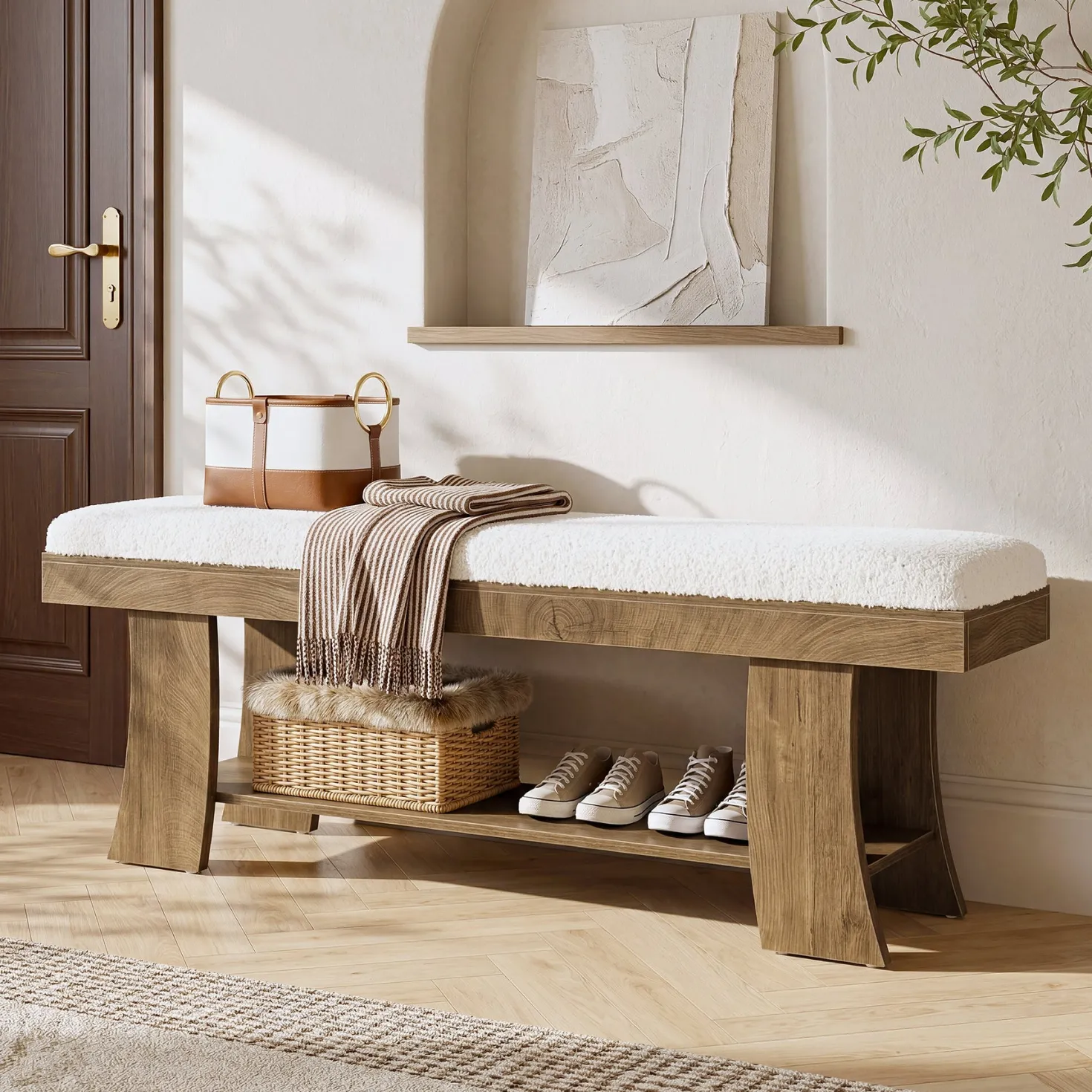 59" Upholstered Entryway Bench, Cushioned Shoe Bench Seat with Storage Shelf