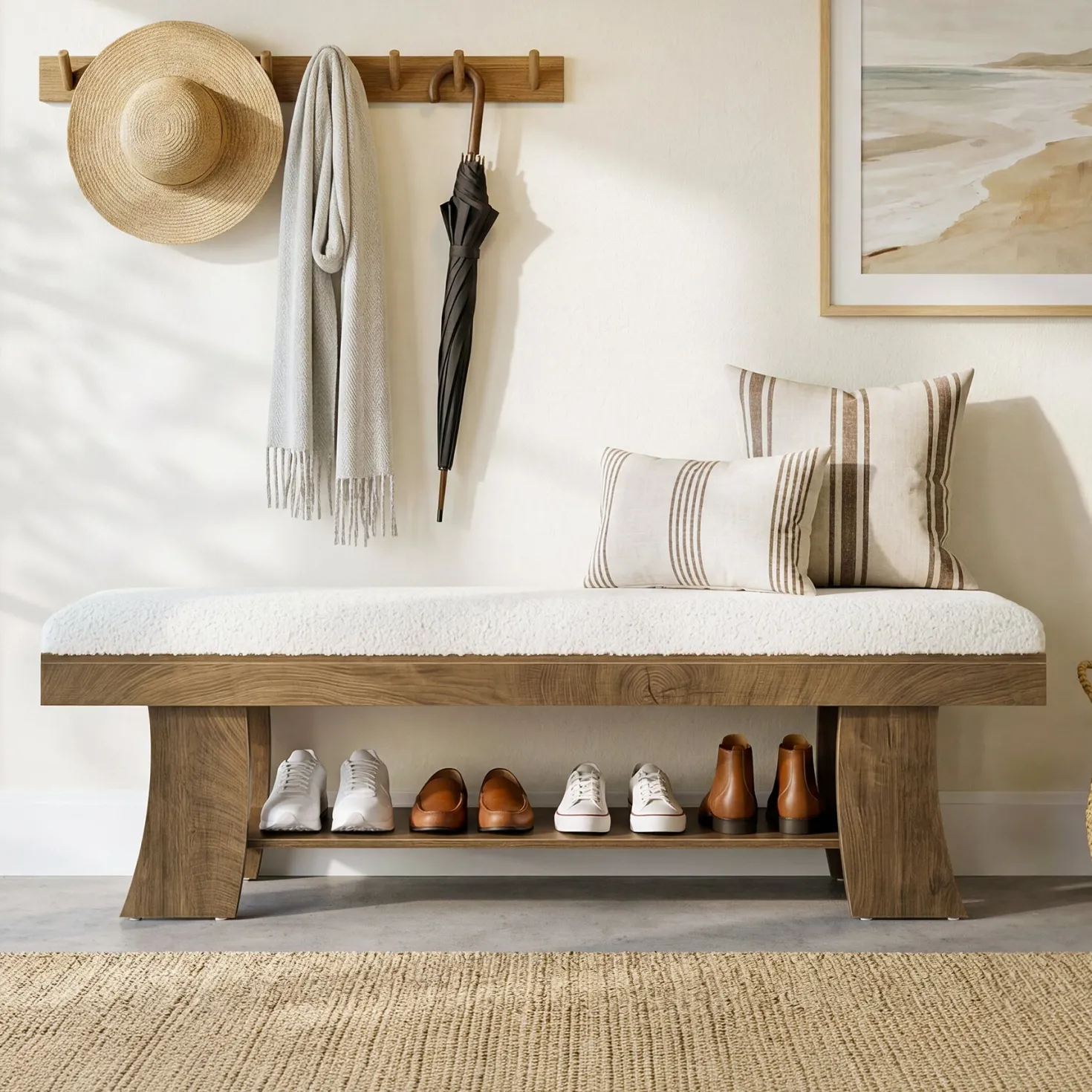 59" Upholstered Entryway Bench, Cushioned Shoe Bench Seat with Storage Shelf