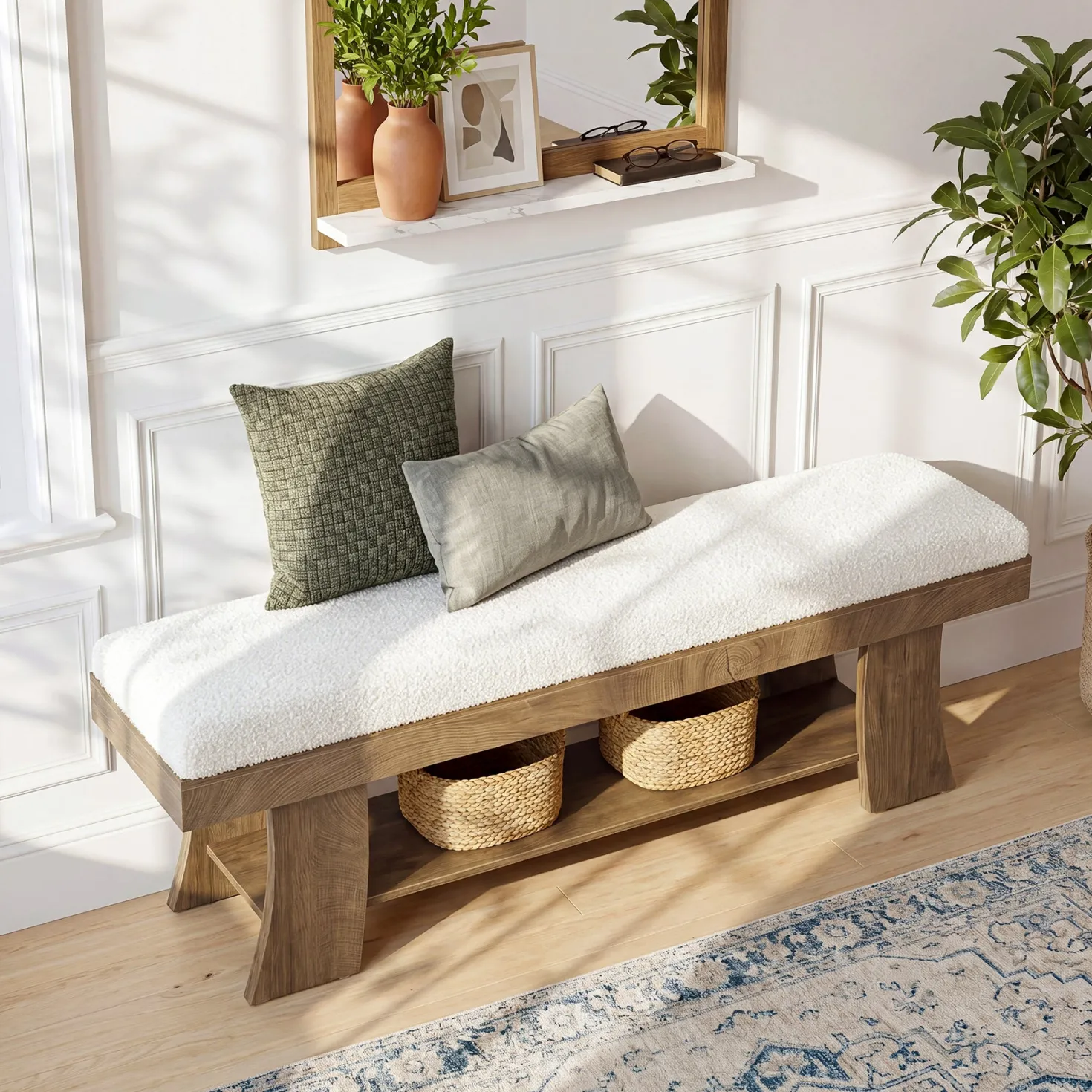 59" Upholstered Entryway Bench, Cushioned Shoe Bench Seat with Storage Shelf