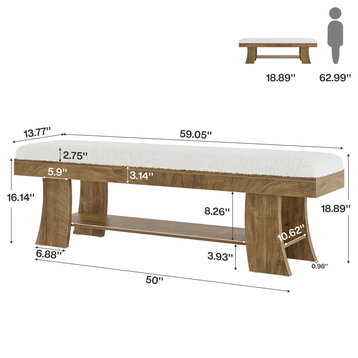 59" Upholstered Entryway Bench, Cushioned Shoe Bench Seat with Storage Shelf