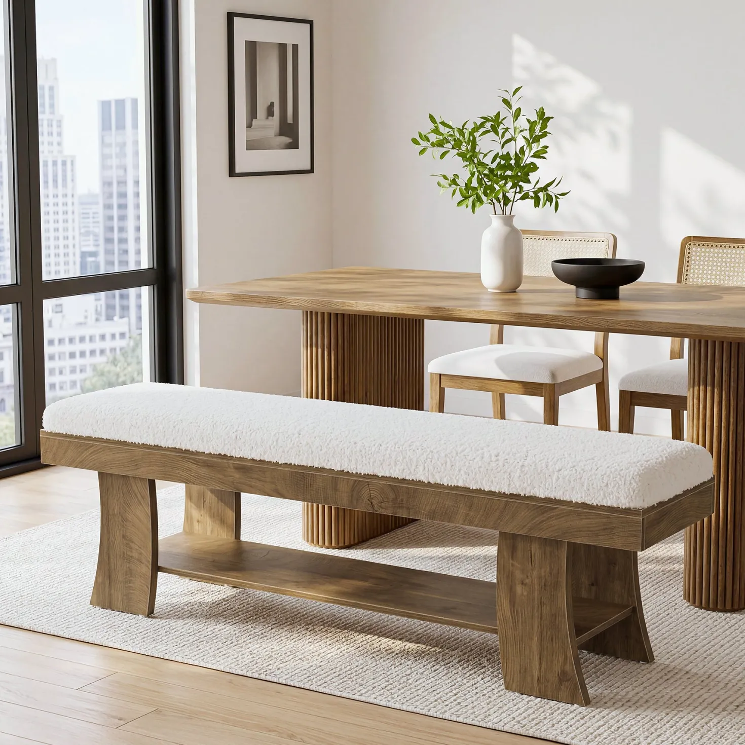 59" Upholstered Entryway Bench, Cushioned Shoe Bench Seat with Storage Shelf