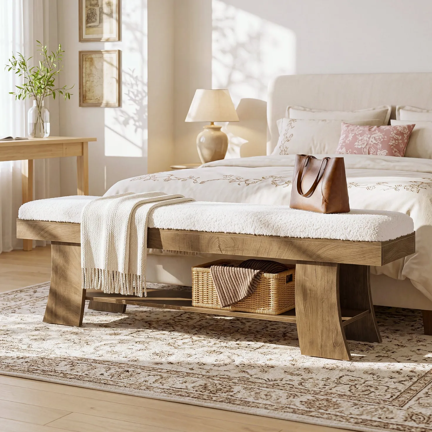59" Upholstered Entryway Bench, Cushioned Shoe Bench Seat with Storage Shelf