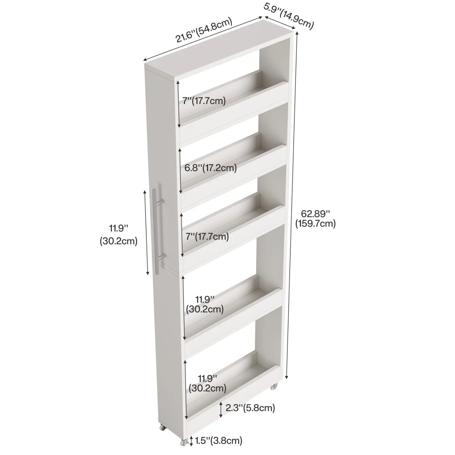 63" Utility Cart on Wheels, 5-Tier Narrow Mobile Shelf Organizer