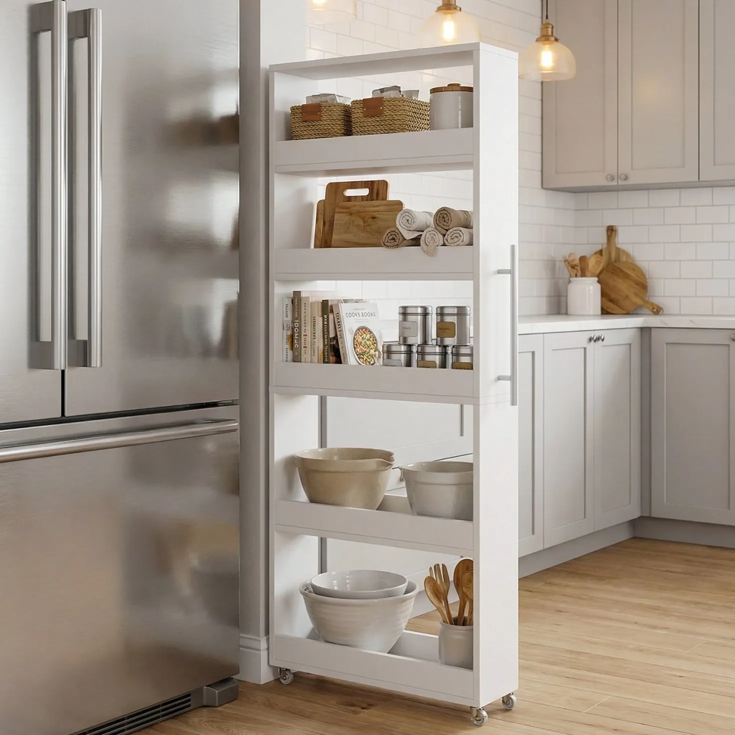 63" Utility Cart on Wheels, 5-Tier Narrow Mobile Shelf Organizer