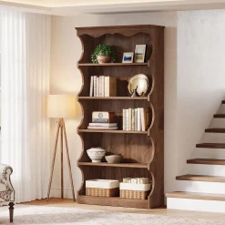 70" Vintage Bookcase, 5-Tier Bookshelf Display Shelves with Unique Curved-Edge Design
