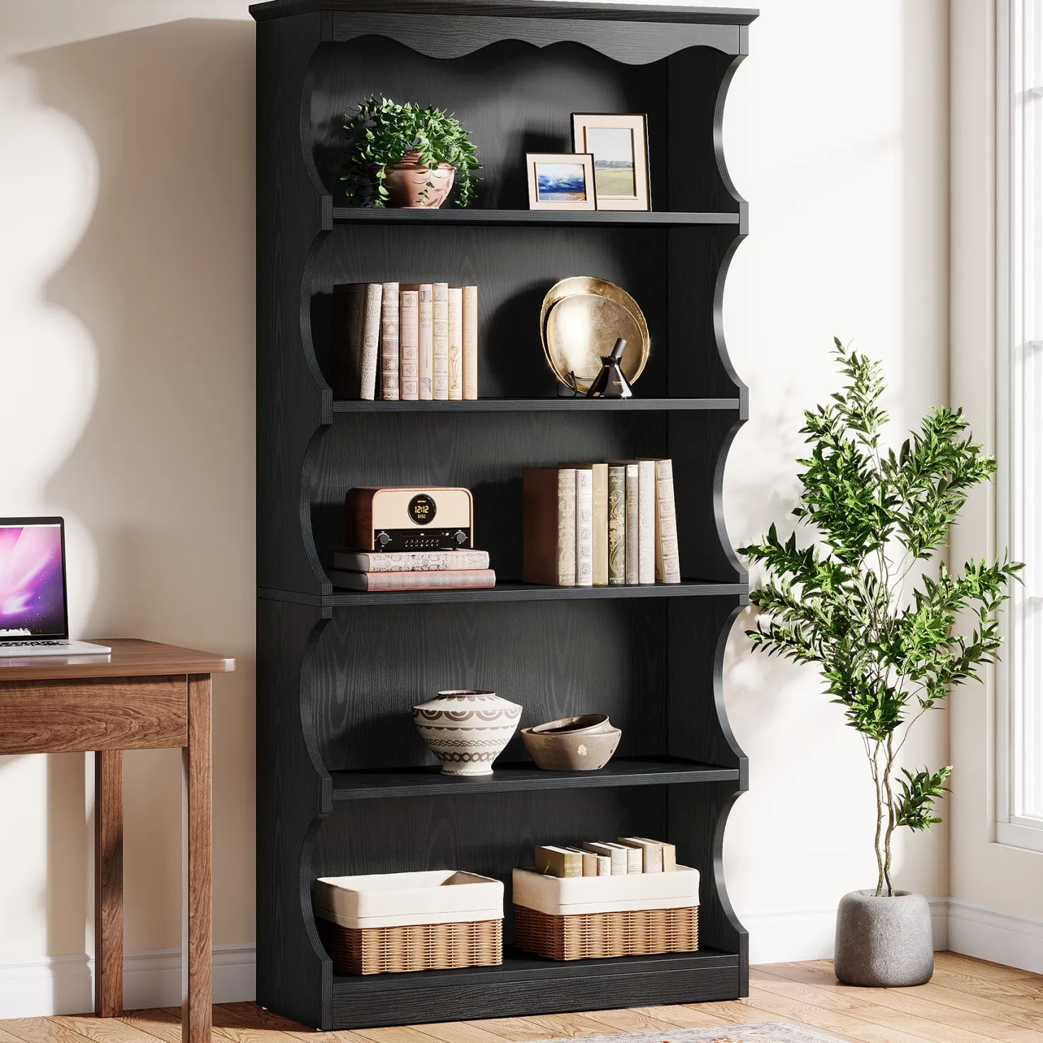 70" Vintage Bookcase, 5-Tier Bookshelf Display Shelves with Unique Curved-Edge Design