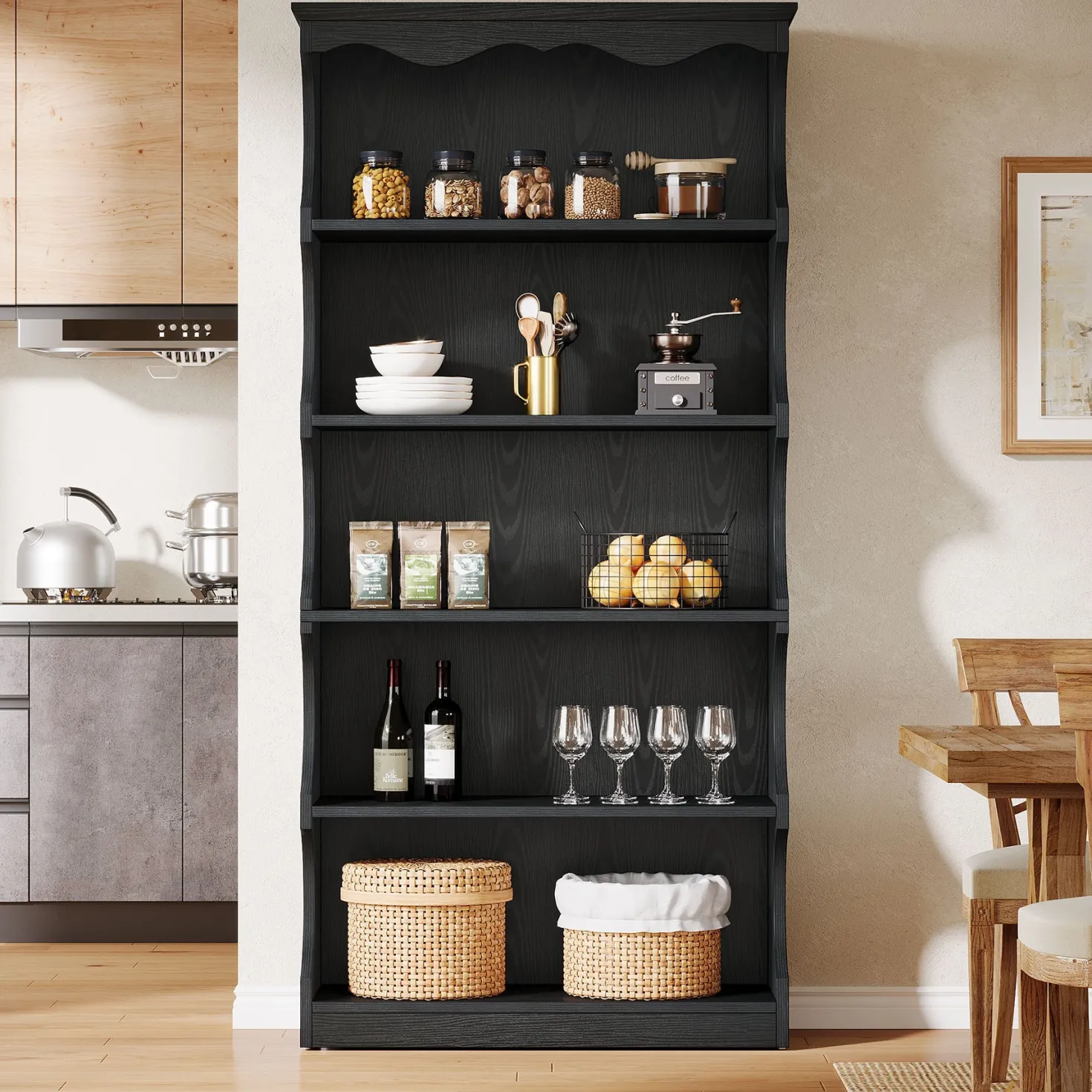 70" Vintage Bookcase, 5-Tier Bookshelf Display Shelves with Unique Curved-Edge Design