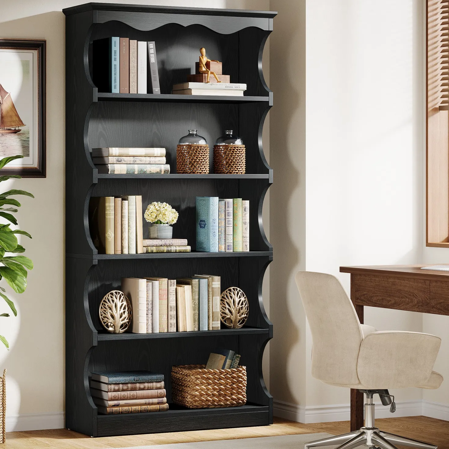 70" Vintage Bookcase, 5-Tier Bookshelf Display Shelves with Unique Curved-Edge Design