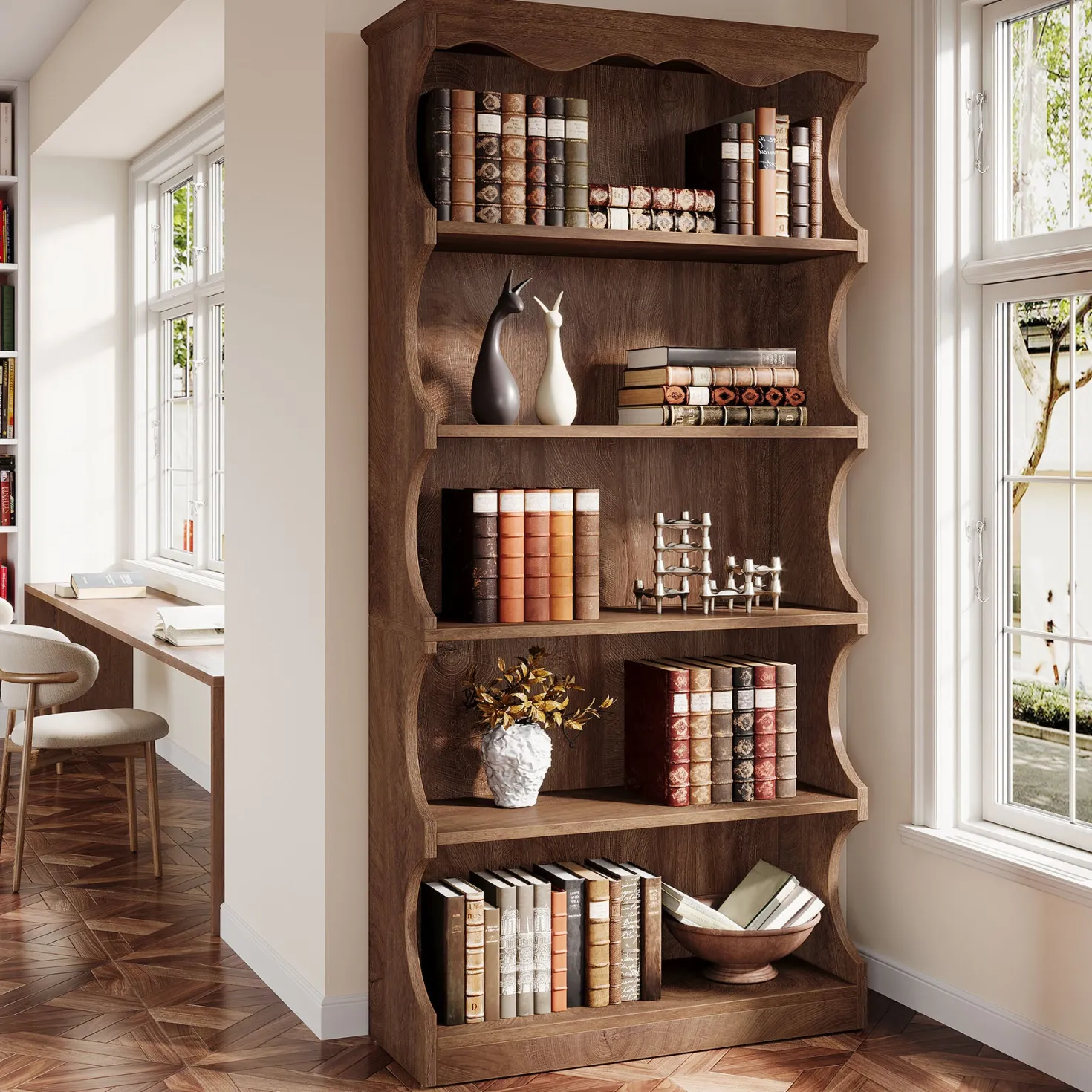 70" Vintage Bookcase, 5-Tier Bookshelf Display Shelves with Unique Curved-Edge Design