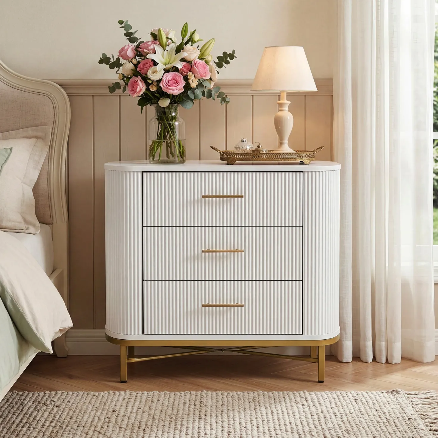 31.5” W Nightstand with 3 Drawers, Modern Bedside Table for Bedroom