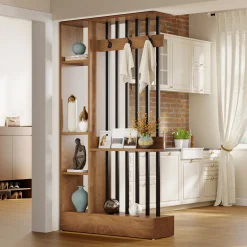 71" Wall Room Divider, Wood Freestanding Wall Partition Bookcase with Coat Hooks