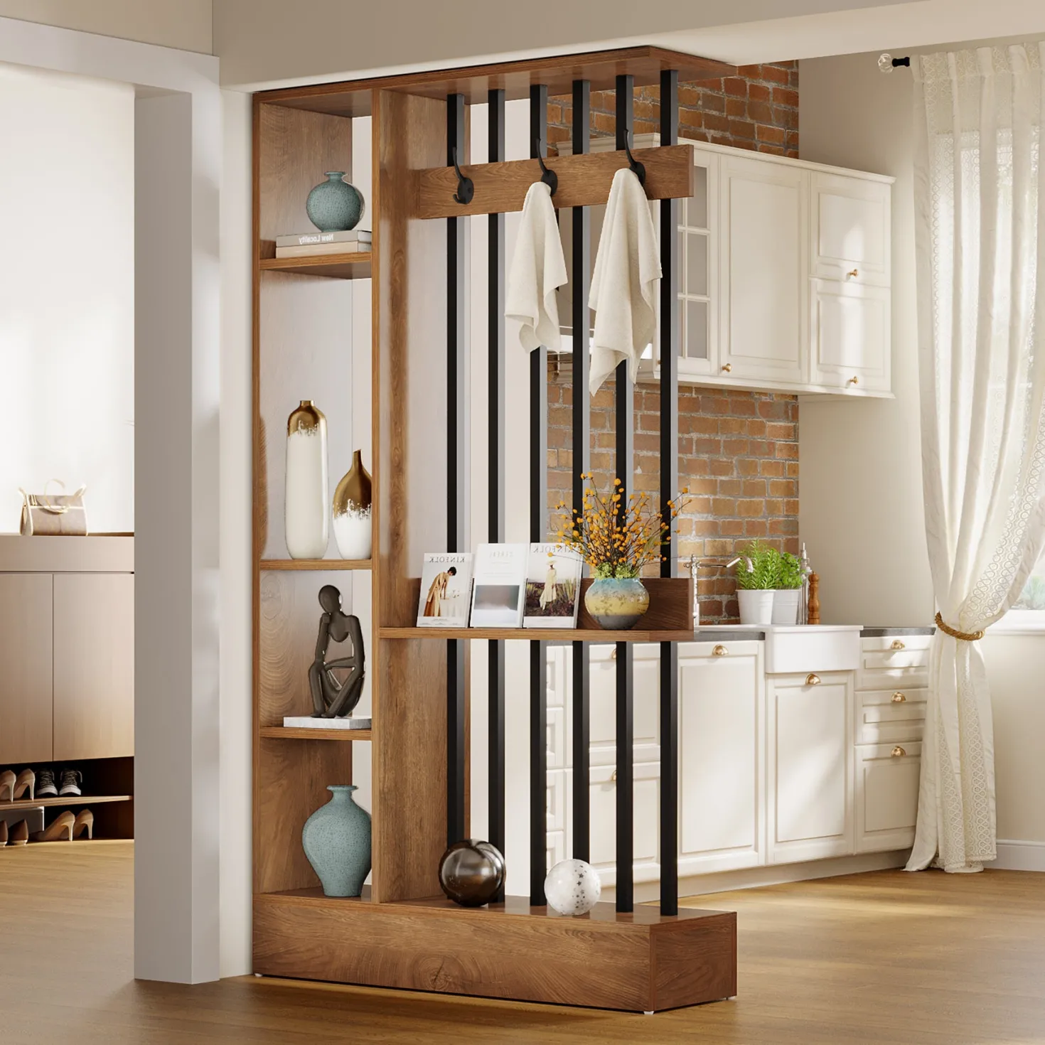 71" Wall Room Divider, Wood Freestanding Wall Partition Bookcase with Coat Hooks