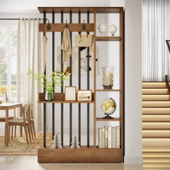 71" Wall Room Divider, Wood Freestanding Wall Partition Bookcase with Coat Hooks