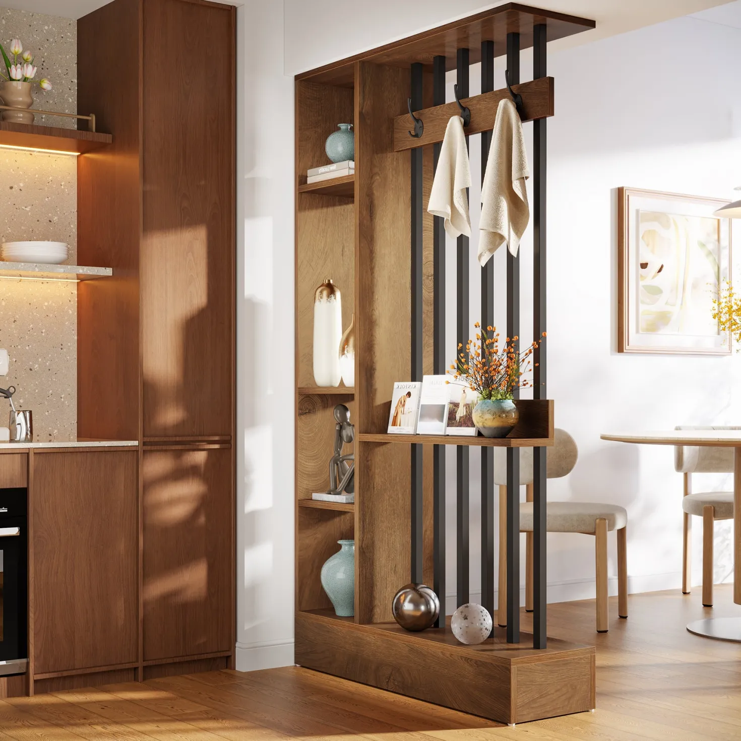 71" Wall Room Divider, Wood Freestanding Wall Partition Bookcase with Coat Hooks