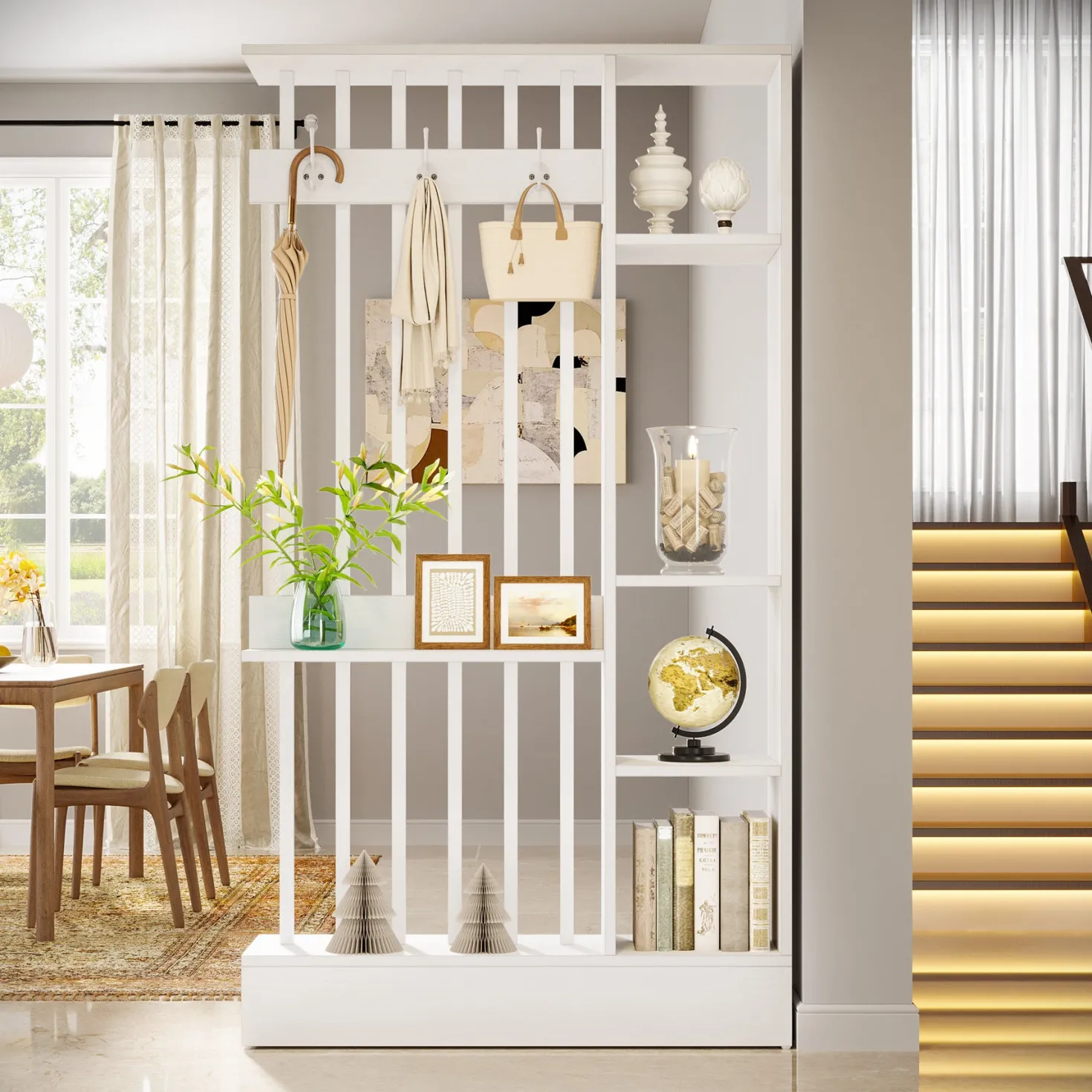 71" Wall Room Divider, Wood Freestanding Wall Partition Bookcase with Coat Hooks