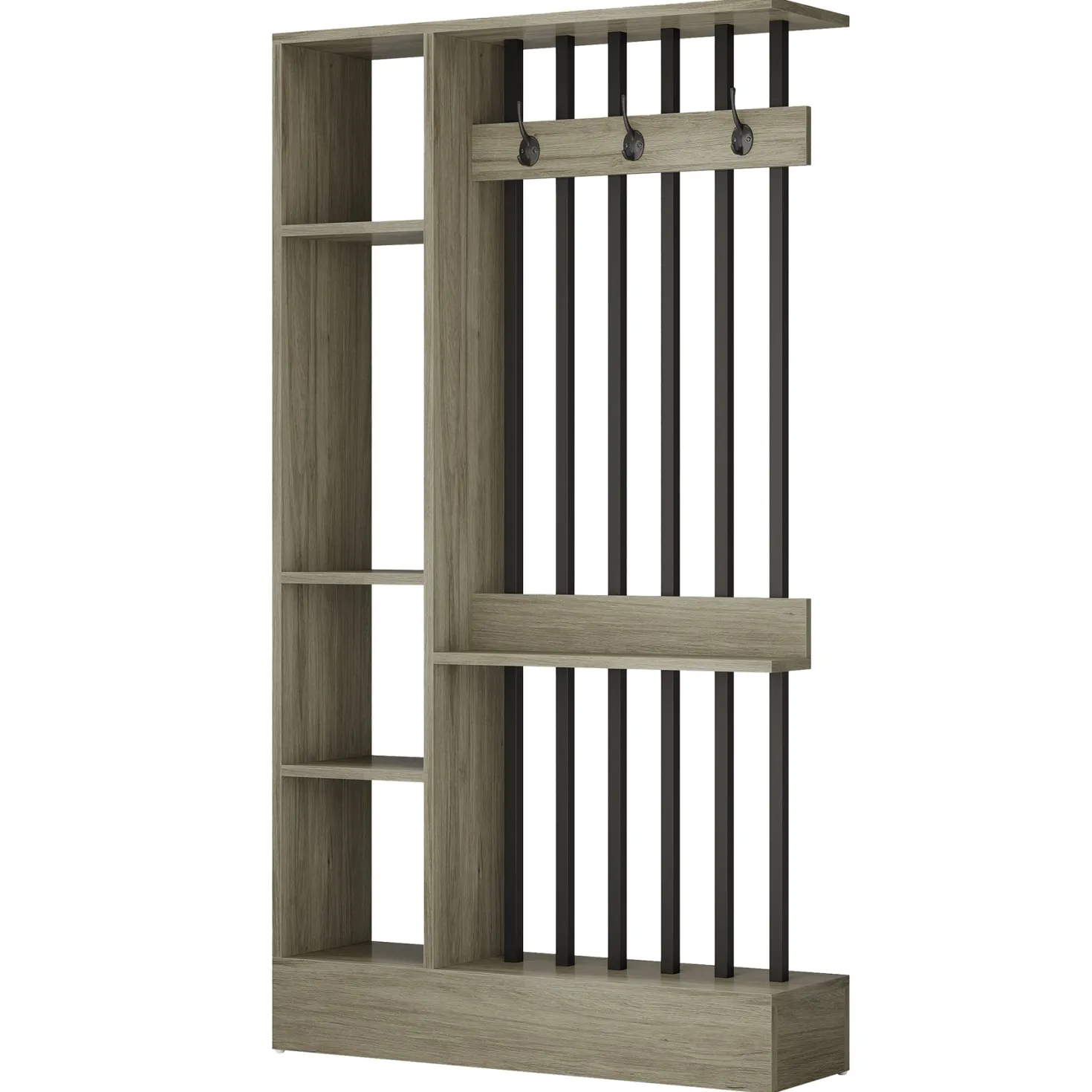 71" Wall Room Divider, Wood Freestanding Wall Partition Bookcase with Coat Hooks