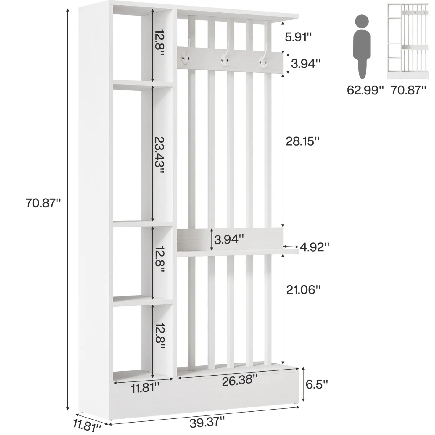 71" Wall Room Divider, Wood Freestanding Wall Partition Bookcase with Coat Hooks
