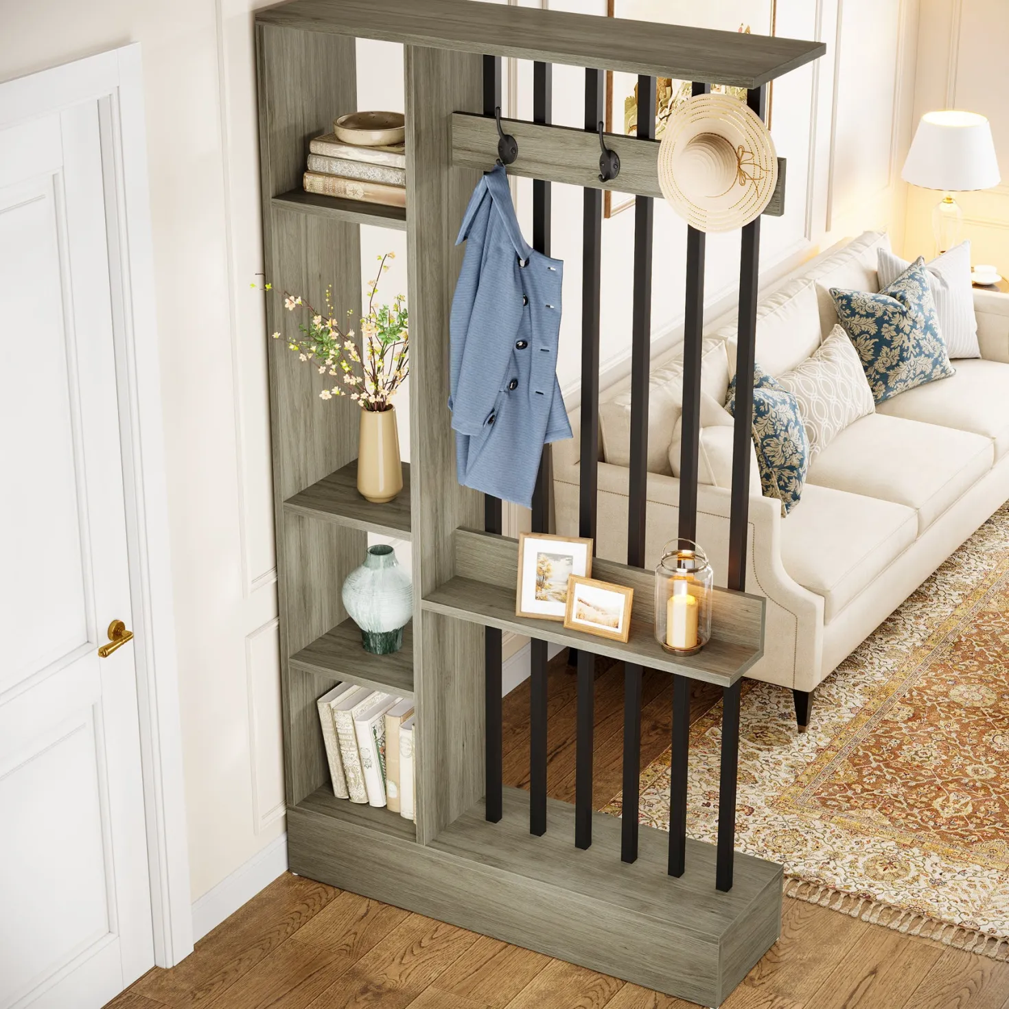 71" Wall Room Divider, Wood Freestanding Wall Partition Bookcase with Coat Hooks