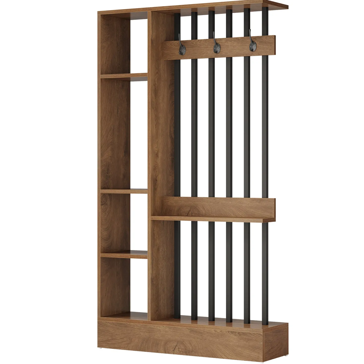 71" Wall Room Divider, Wood Freestanding Wall Partition Bookcase with Coat Hooks