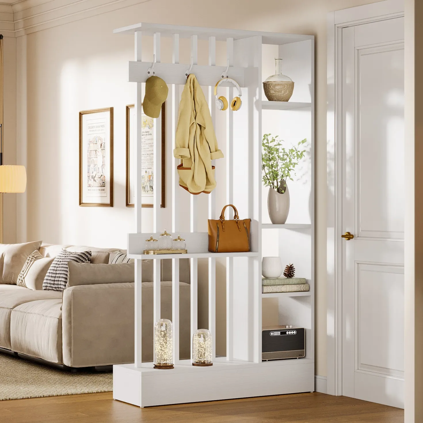 71" Wall Room Divider, Wood Freestanding Wall Partition Bookcase with Coat Hooks