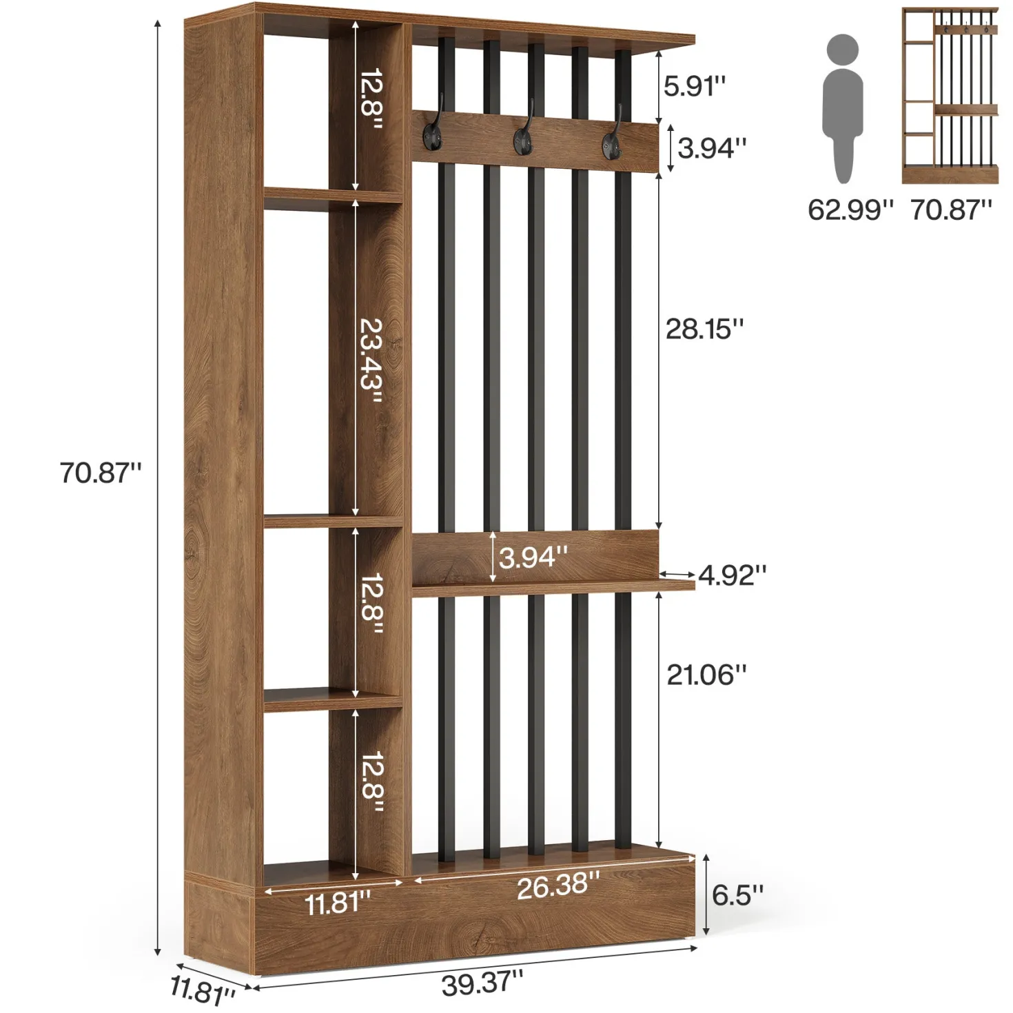 71" Wall Room Divider, Wood Freestanding Wall Partition Bookcase with Coat Hooks