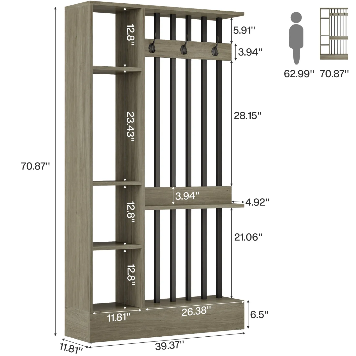 71" Wall Room Divider, Wood Freestanding Wall Partition Bookcase with Coat Hooks