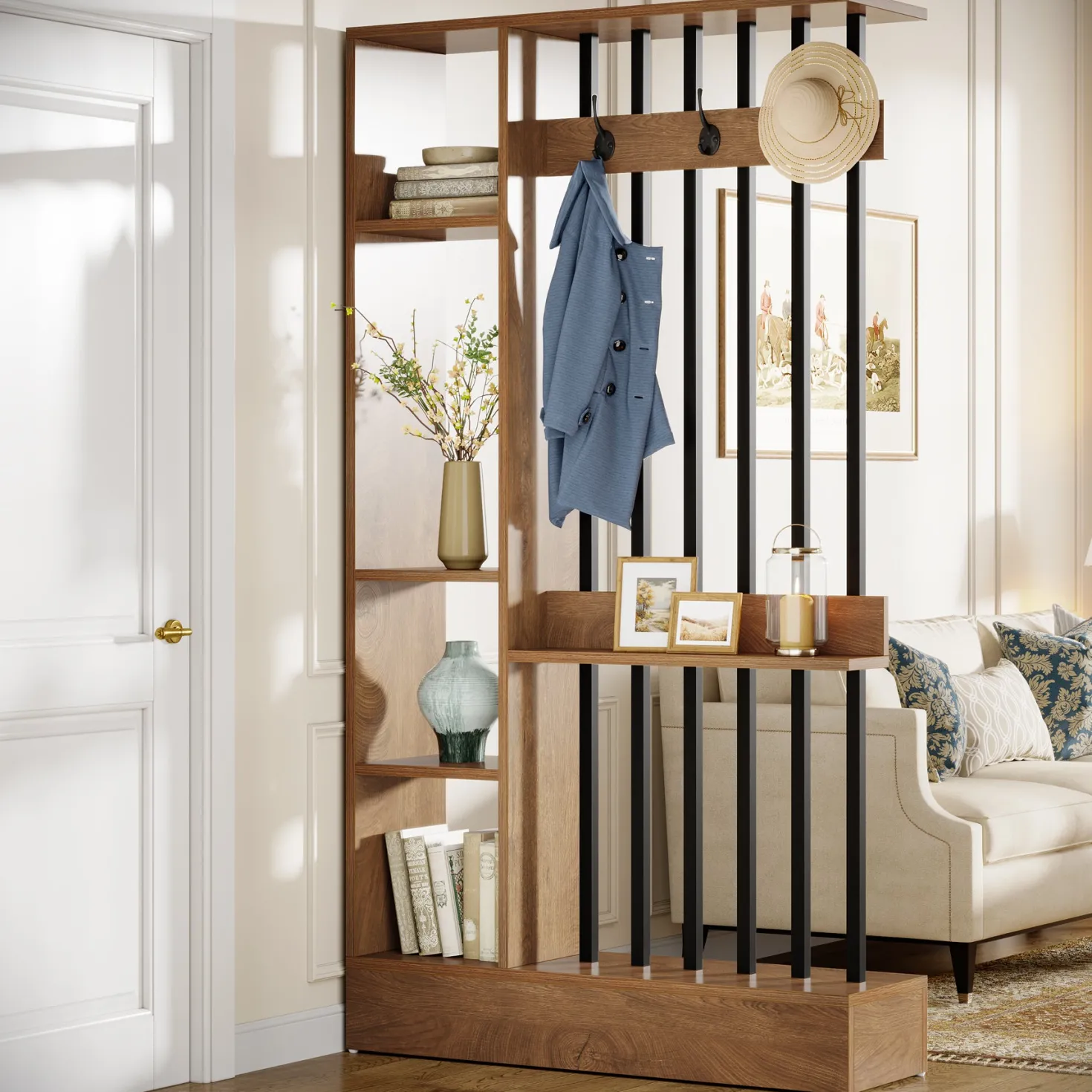 71" Wall Room Divider, Wood Freestanding Wall Partition Bookcase with Coat Hooks