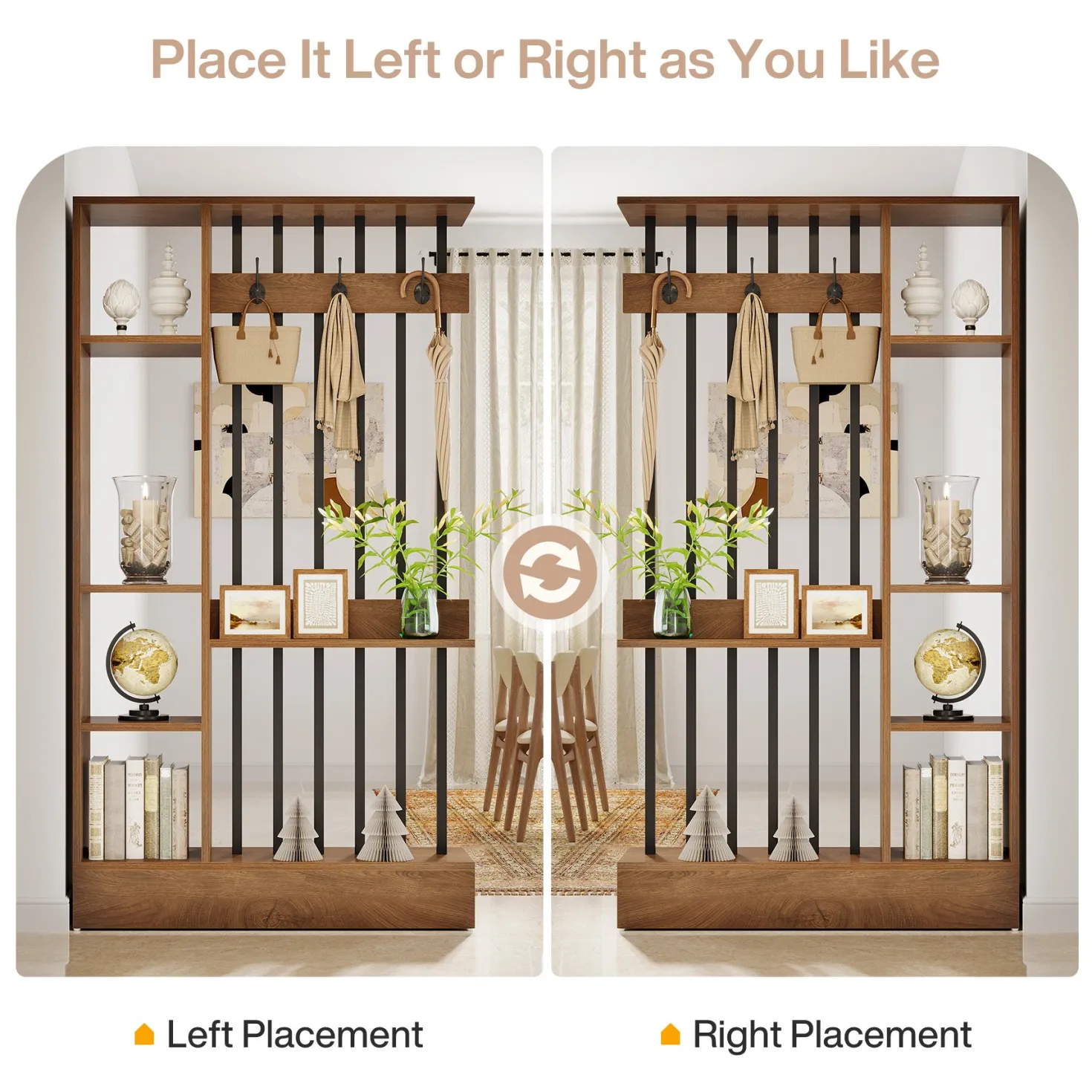 71" Wall Room Divider, Wood Freestanding Wall Partition Bookcase with Coat Hooks