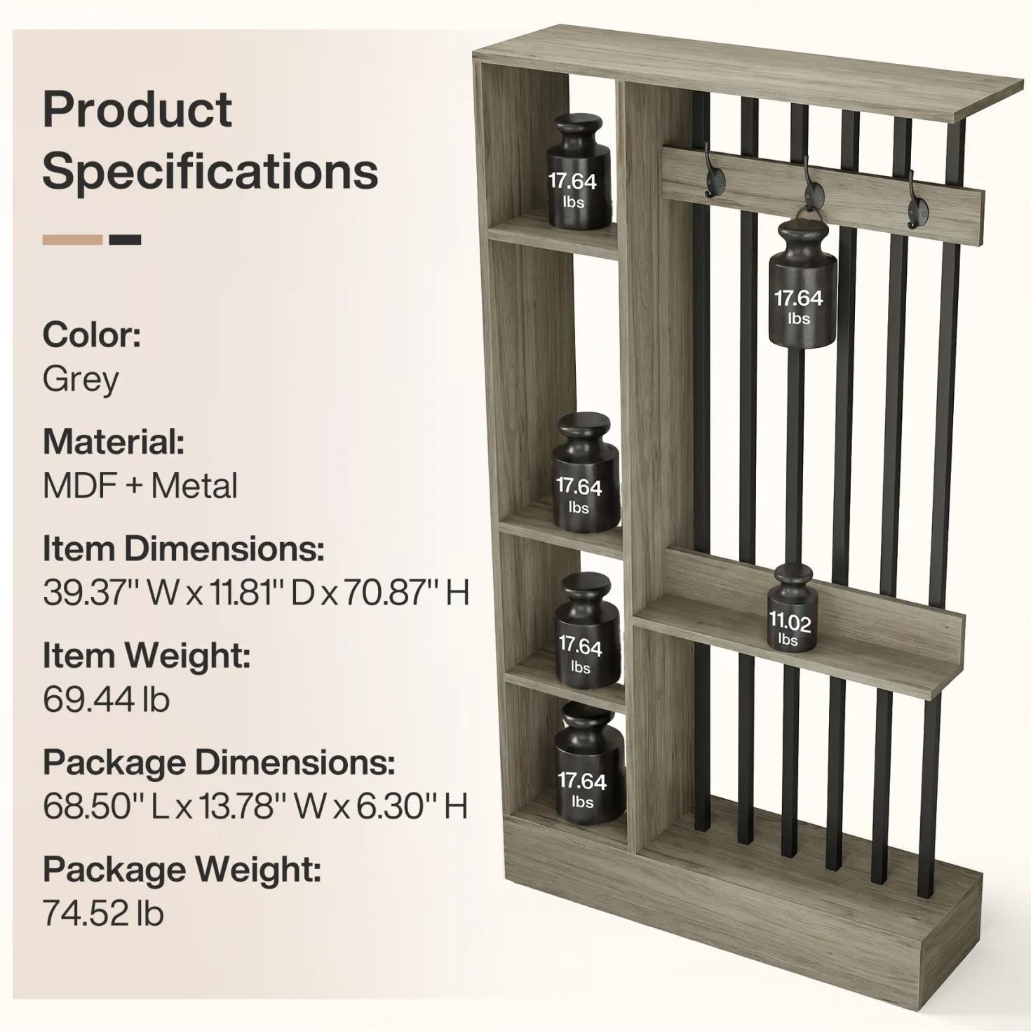 71" Wall Room Divider, Wood Freestanding Wall Partition Bookcase with Coat Hooks