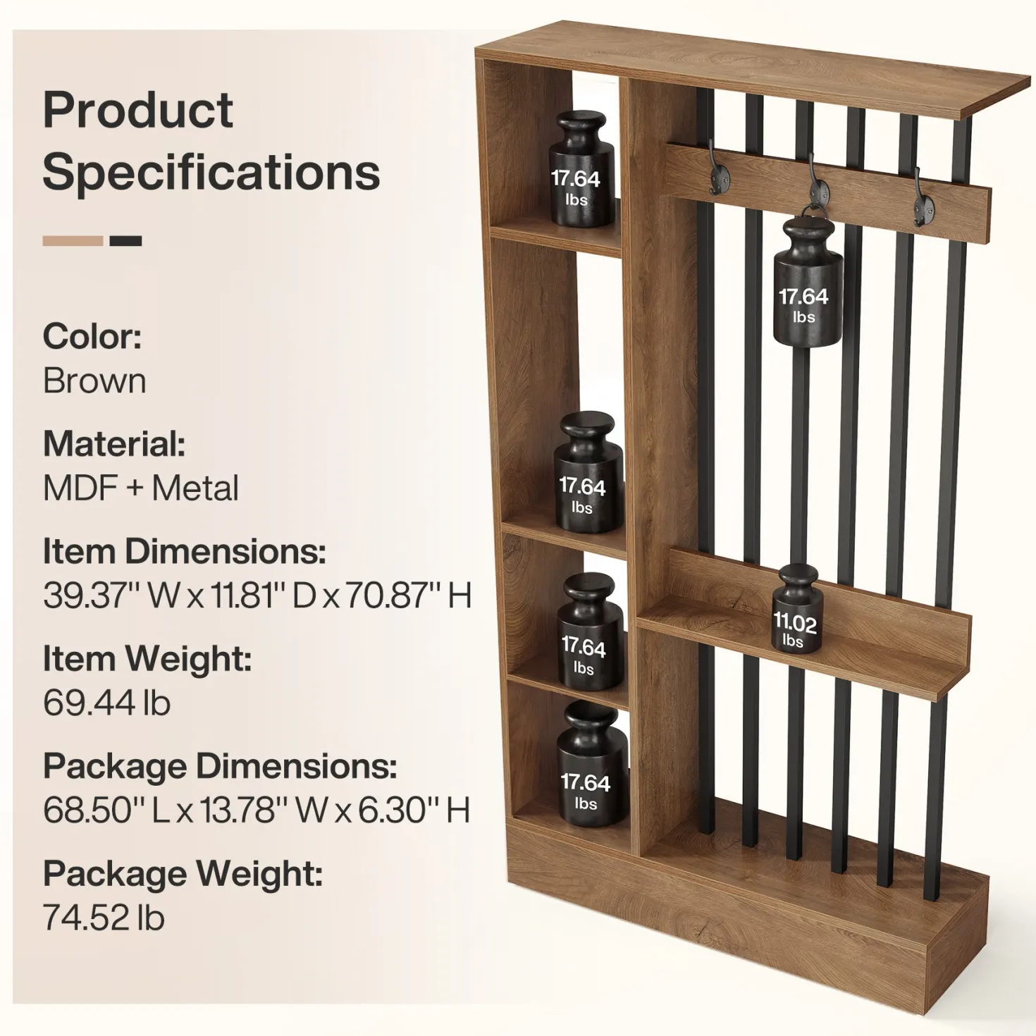 71" Wall Room Divider, Wood Freestanding Wall Partition Bookcase with Coat Hooks