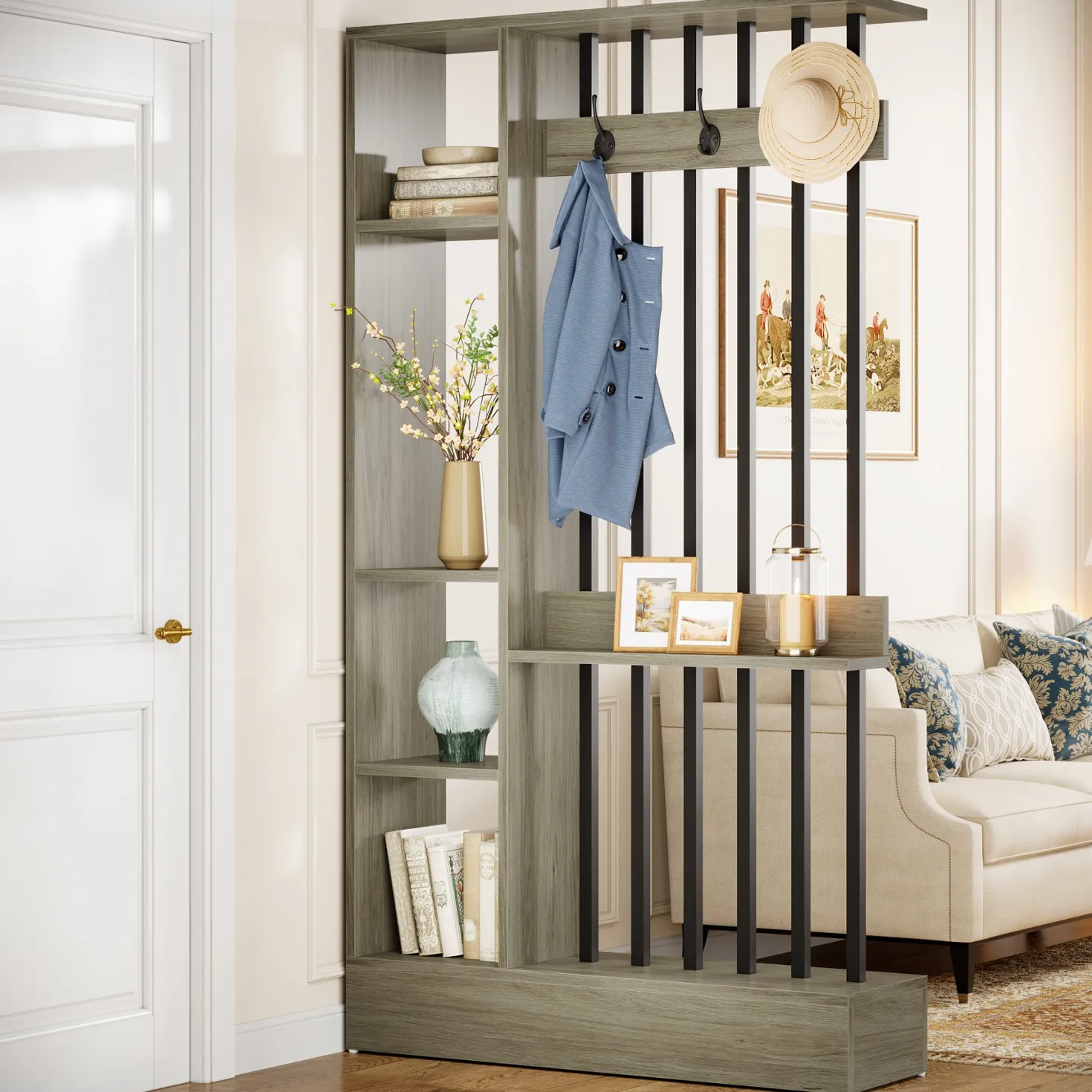 71" Wall Room Divider, Wood Freestanding Wall Partition Bookcase with Coat Hooks