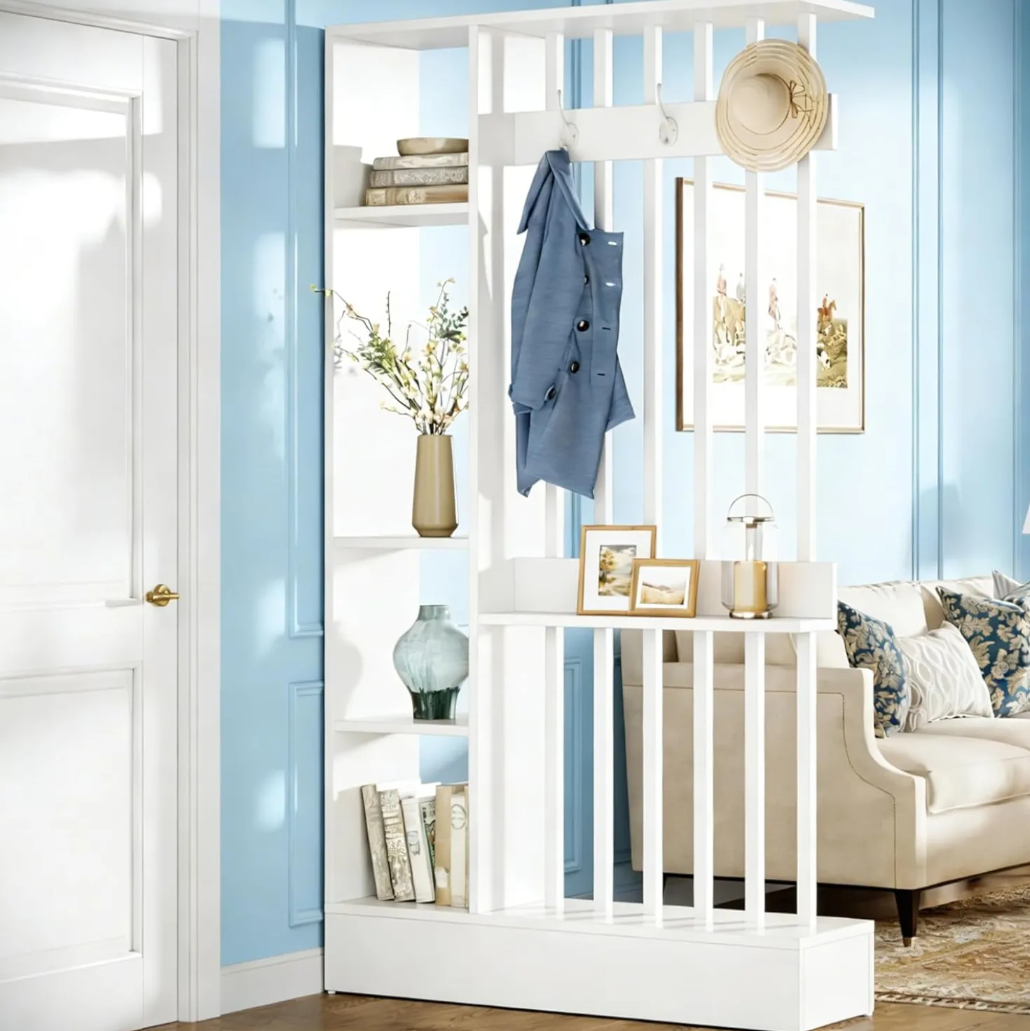 71" Wall Room Divider, Wood Freestanding Wall Partition Bookcase with Coat Hooks