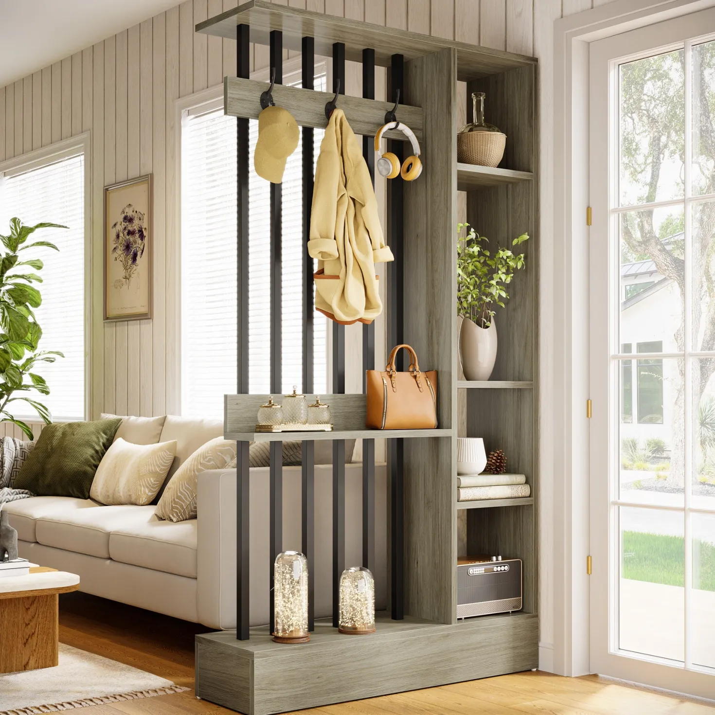 71" Wall Room Divider, Wood Freestanding Wall Partition Bookcase with Coat Hooks