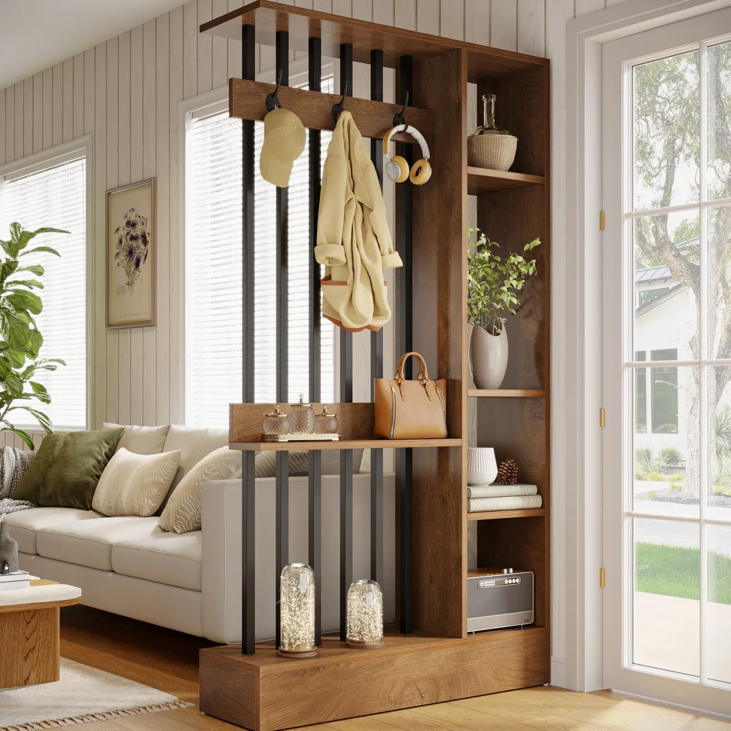 71" Wall Room Divider, Wood Freestanding Wall Partition Bookcase with Coat Hooks