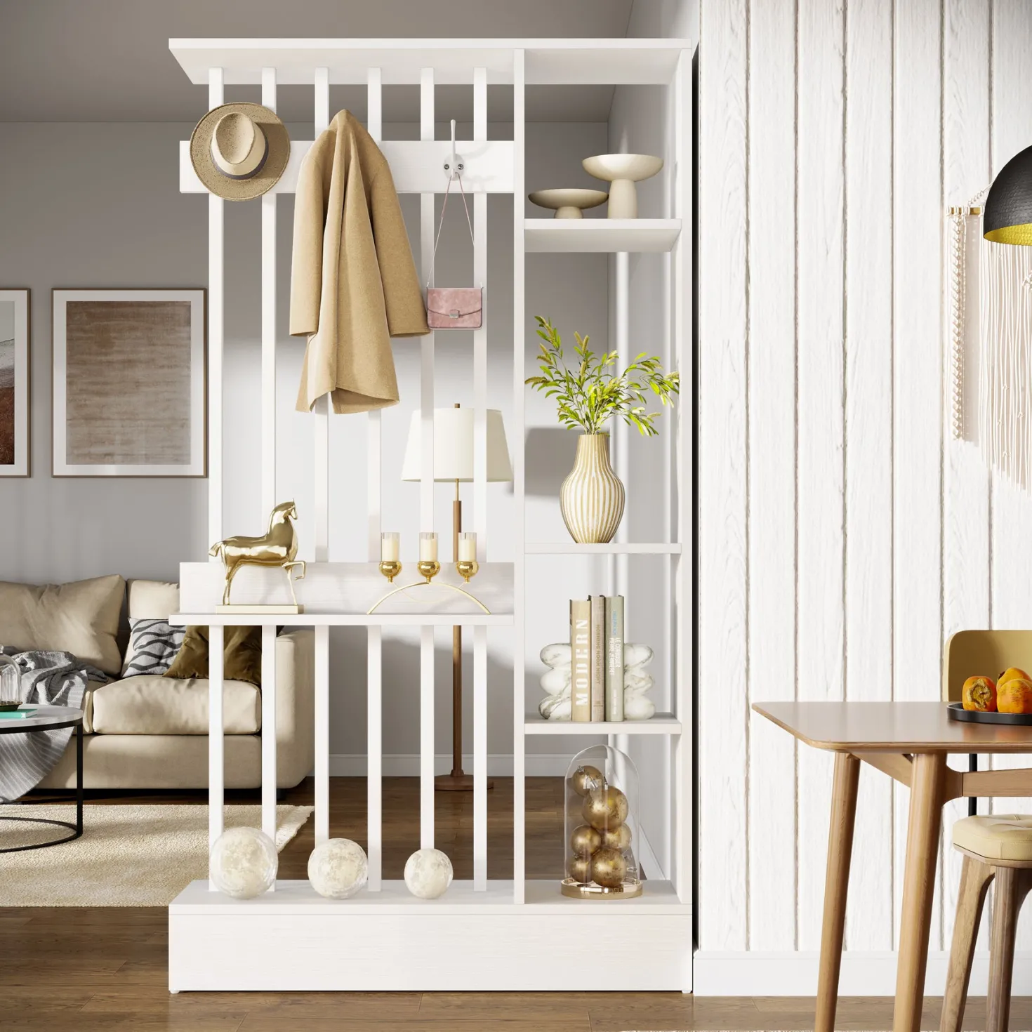 71" Wall Room Divider, Wood Freestanding Wall Partition Bookcase with Coat Hooks