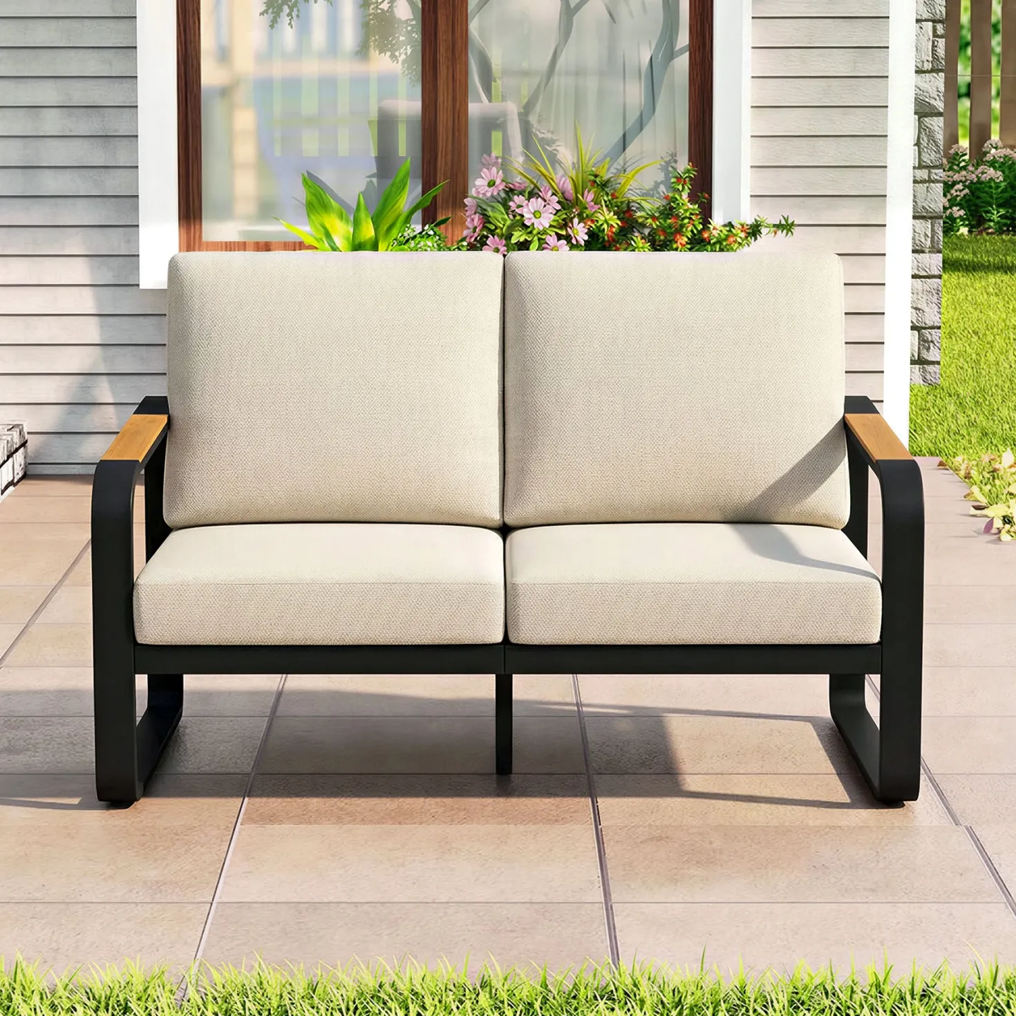 54.3" Wide Loveseat Sofa, Outdoor Patio Sofa With Removable Cushions